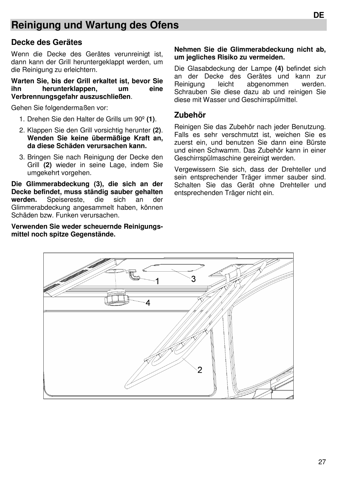 Candy MIC 305 X user manual Decke des Gerätes, Zubehör 