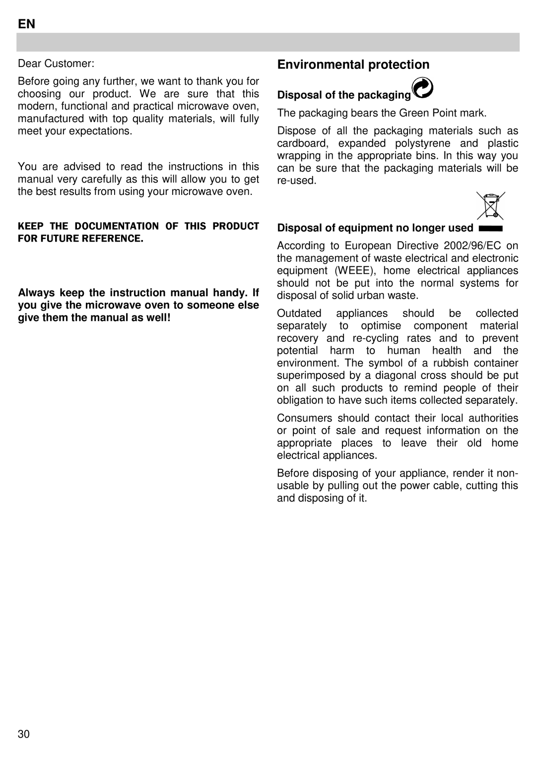 Candy MIC 305 X user manual Environmental protection, Disposal of the packaging, Disposal of equipment no longer used 