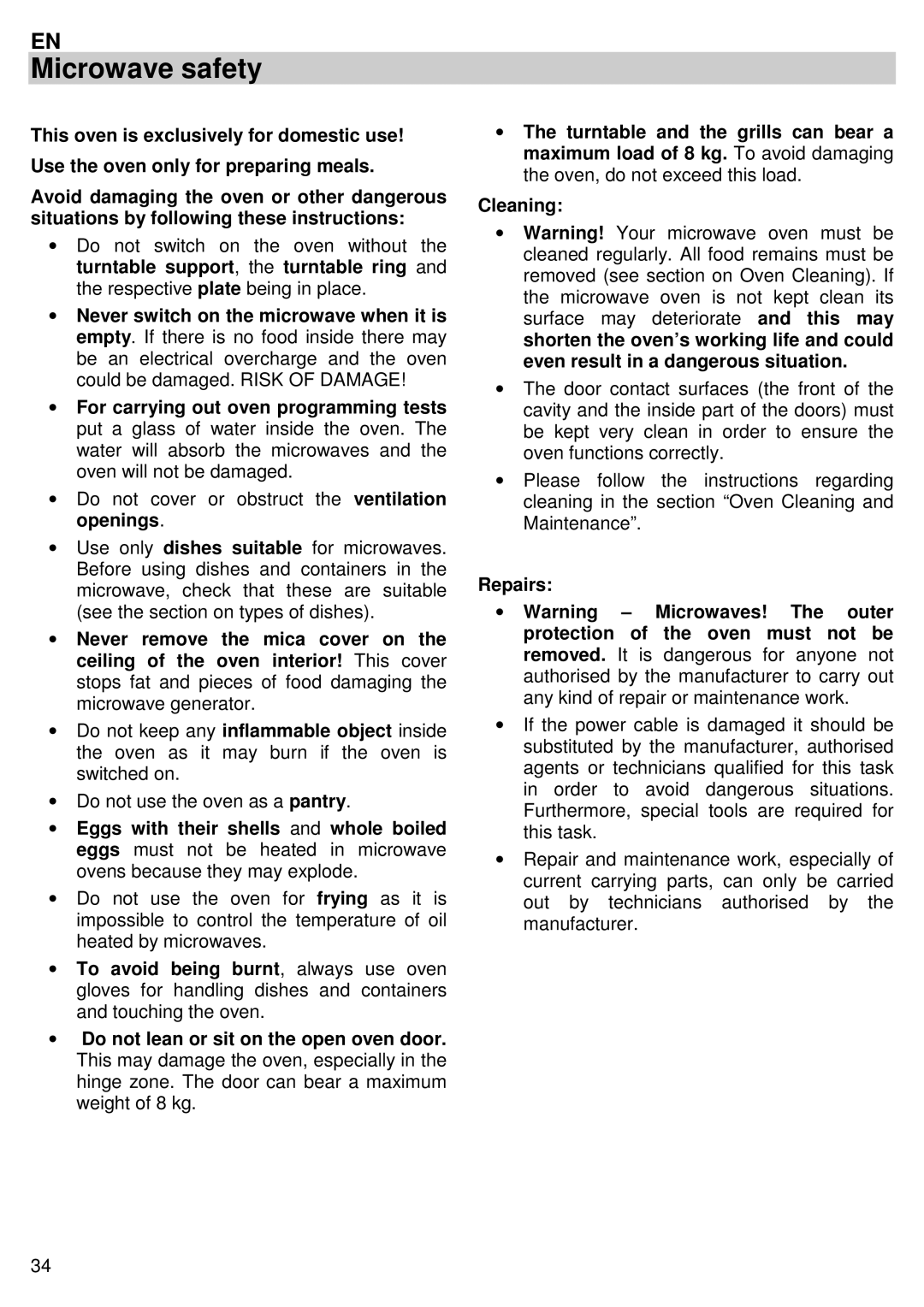 Candy MIC 305 X user manual Cleaning, Repairs 