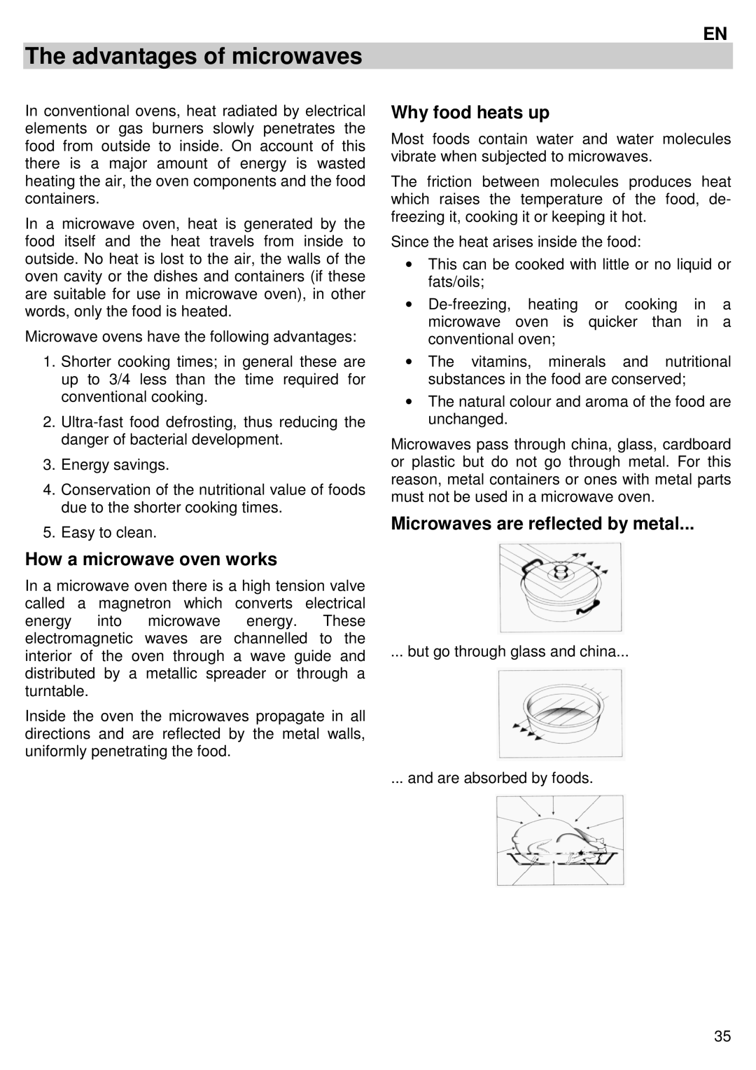 Candy MIC 305 X Advantages of microwaves, How a microwave oven works, Why food heats up, Microwaves are reflected by metal 