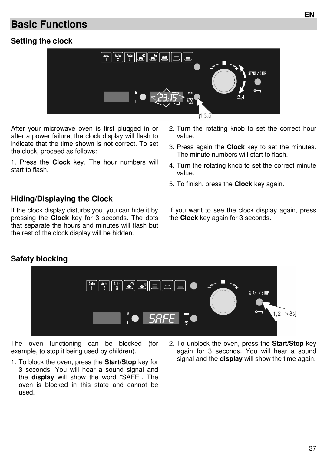 Candy MIC 305 X user manual Basic Functions, Setting the clock, Hiding/Displaying the Clock, Safety blocking 