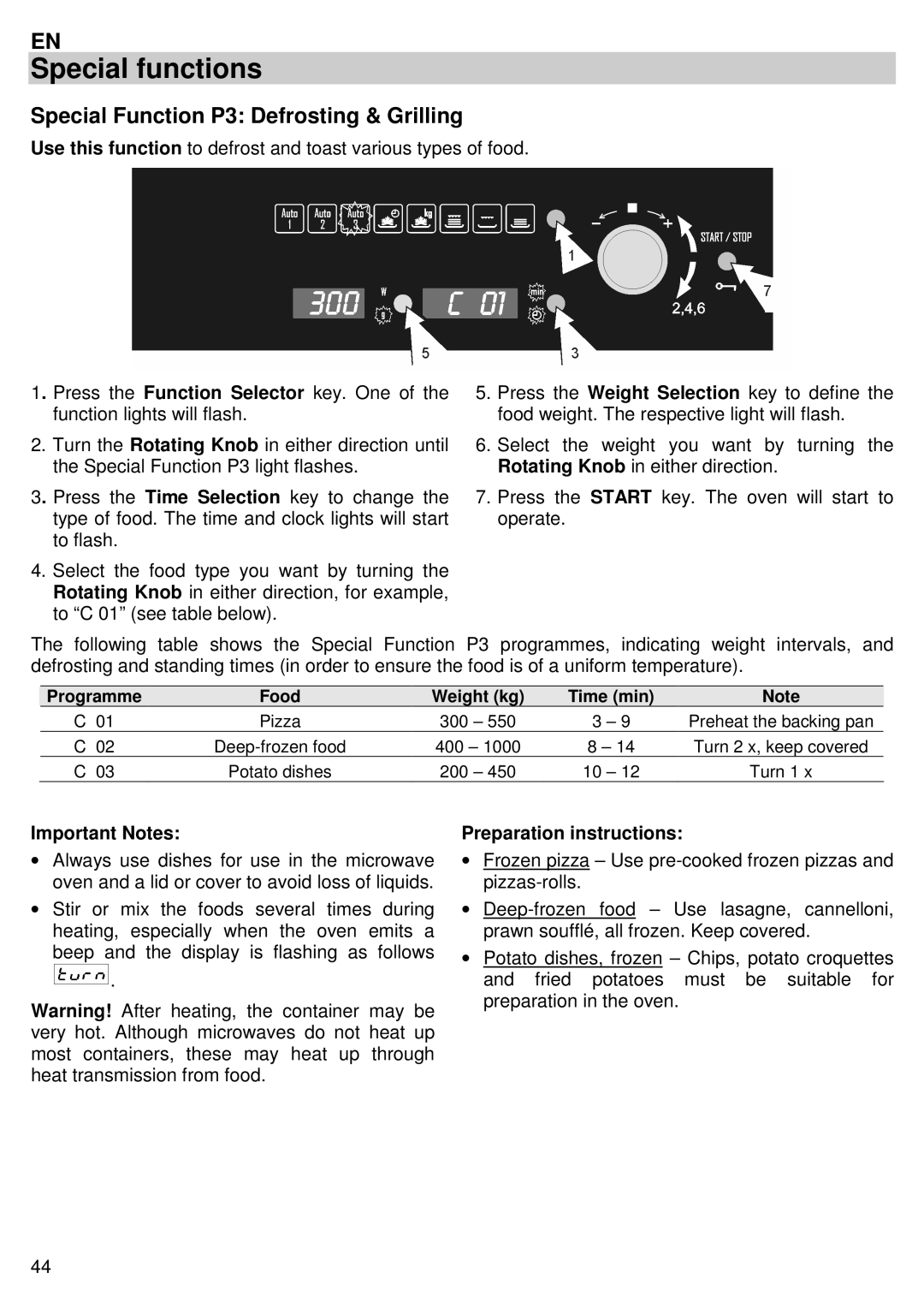 Candy MIC 305 X user manual Special Function P3 Defrosting & Grilling 