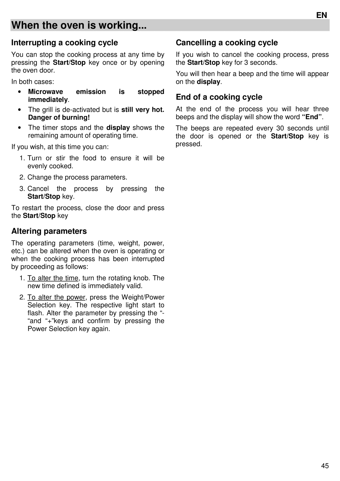 Candy MIC 305 X When the oven is working, Interrupting a cooking cycle, Altering parameters, Cancelling a cooking cycle 