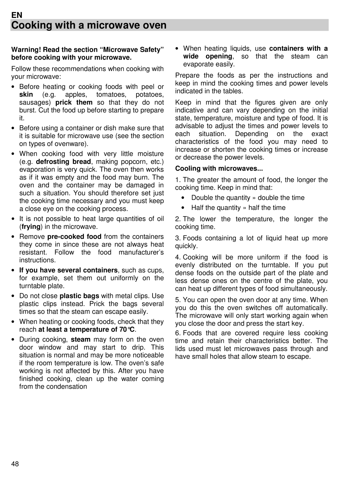 Candy MIC 305 X user manual Cooking with a microwave oven, Cooling with microwaves 