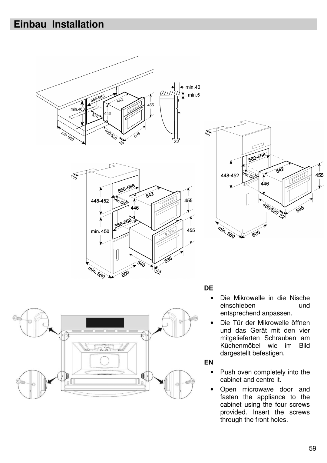 Candy MIC 305 X user manual Einbau Installation 