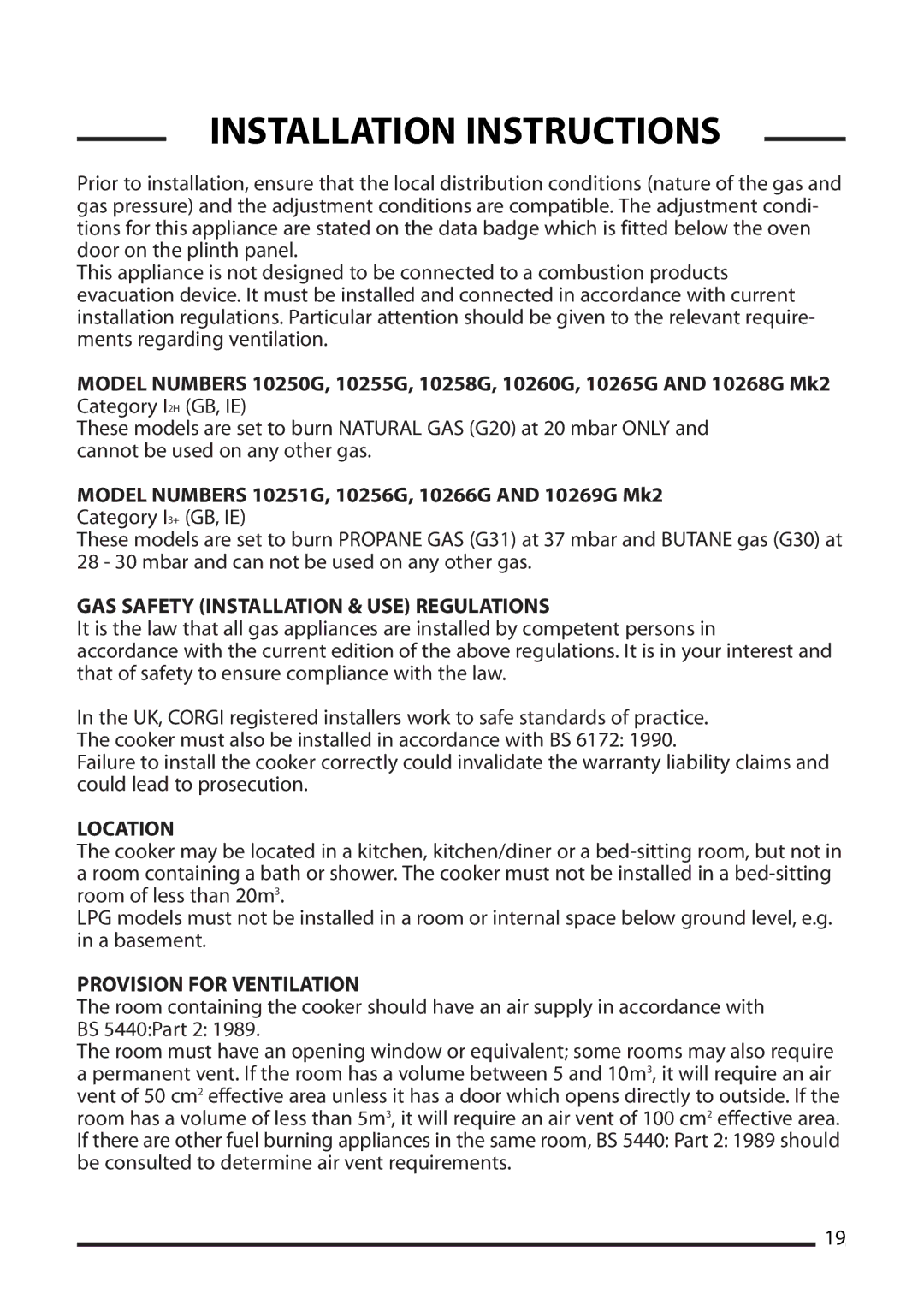 Cannon 10251G Installation Instructions, GAS Safety Installation & USE Regulations, Location, Provision for Ventilation 