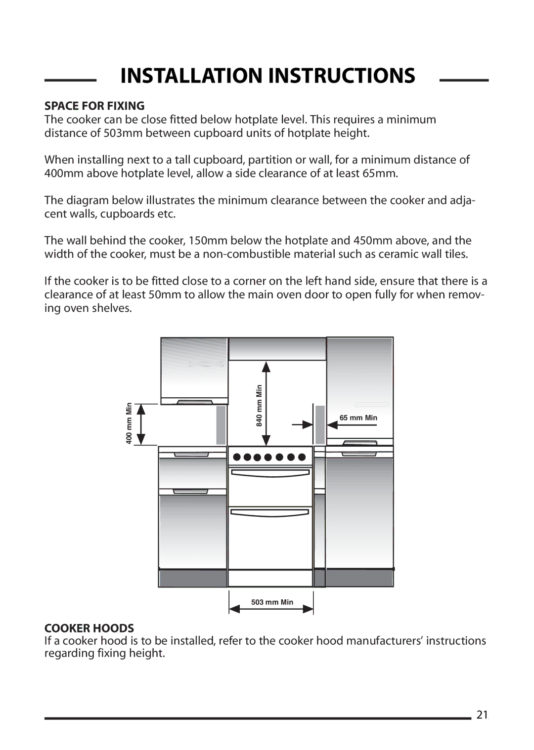 Cannon 10265G, 10269G Mk2, 10260G, 10258G, 10250G, 10255G, 10266G, 10256G, 10268G Mk2, 10251G manual Space for Fixing, Cooker Hoods 