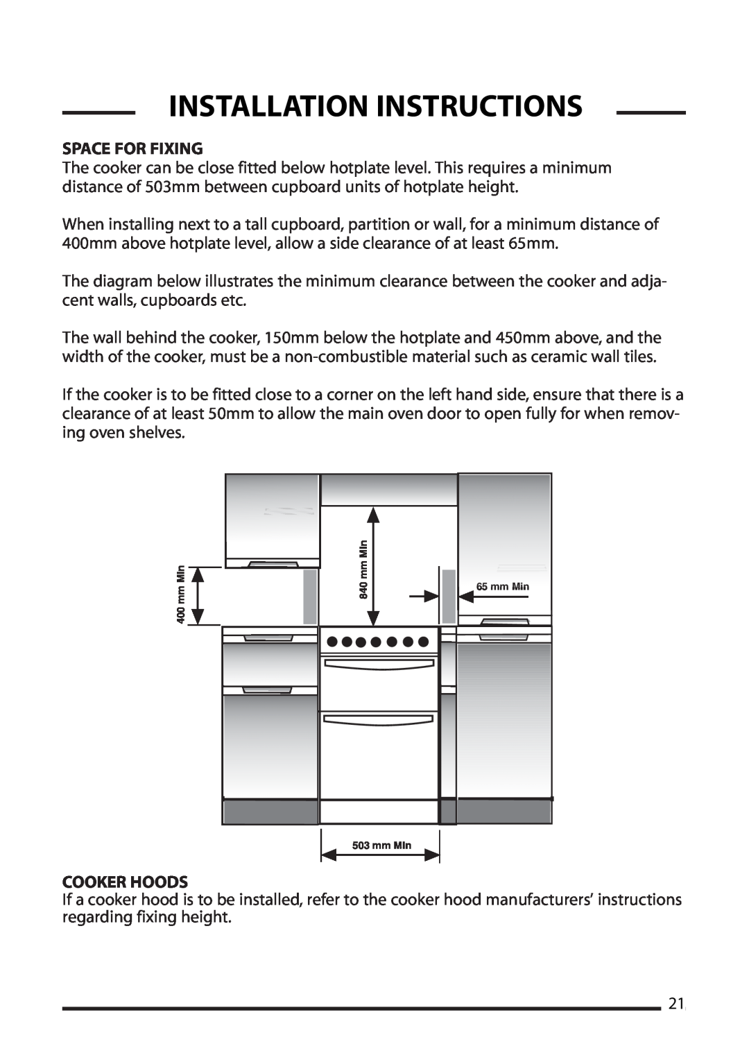 Cannon 10265G, 10269G Mk2, 10260G, 10258G, 10250G, 10255G, 10266G Installation Instructions, Space For Fixing, Cooker Hoods 