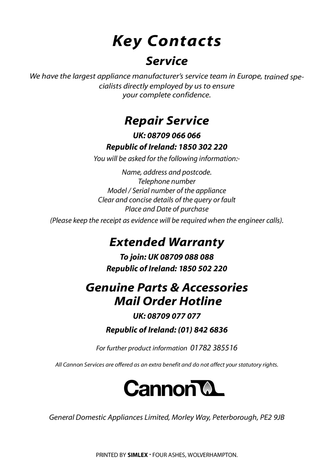 Cannon 10250G, 10265G Key Contacts, Repair Service, Extended Warranty, Genuine Parts & Accessories Mail Order Hotline 