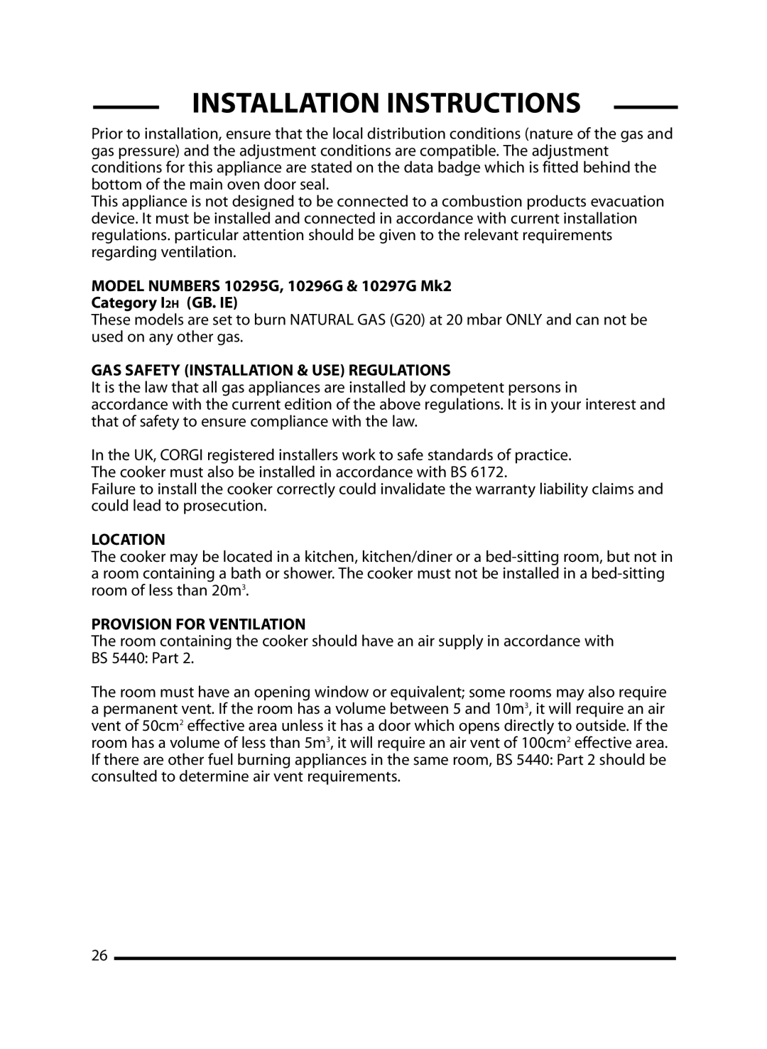 Cannon 10296G Installation Instructions, GAS Safety Installation & USE Regulations, Location, Provision for Ventilation 