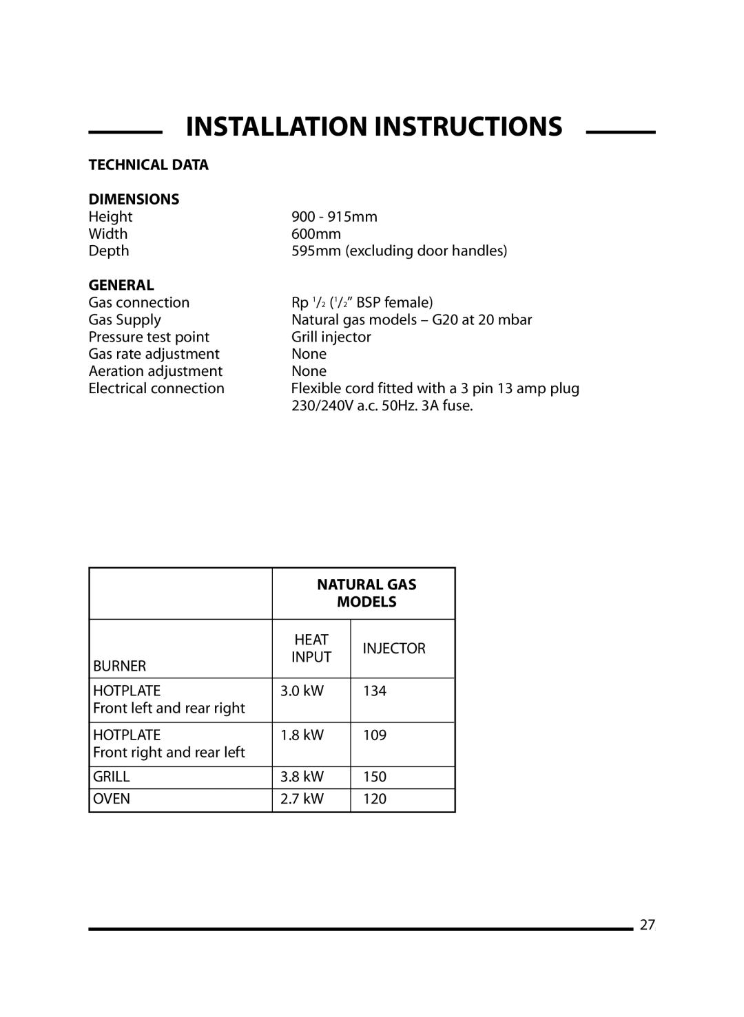 Cannon 10297G Mk2, 10295G, 10296G manual Technical Data Dimensions, General, Natural GAS 