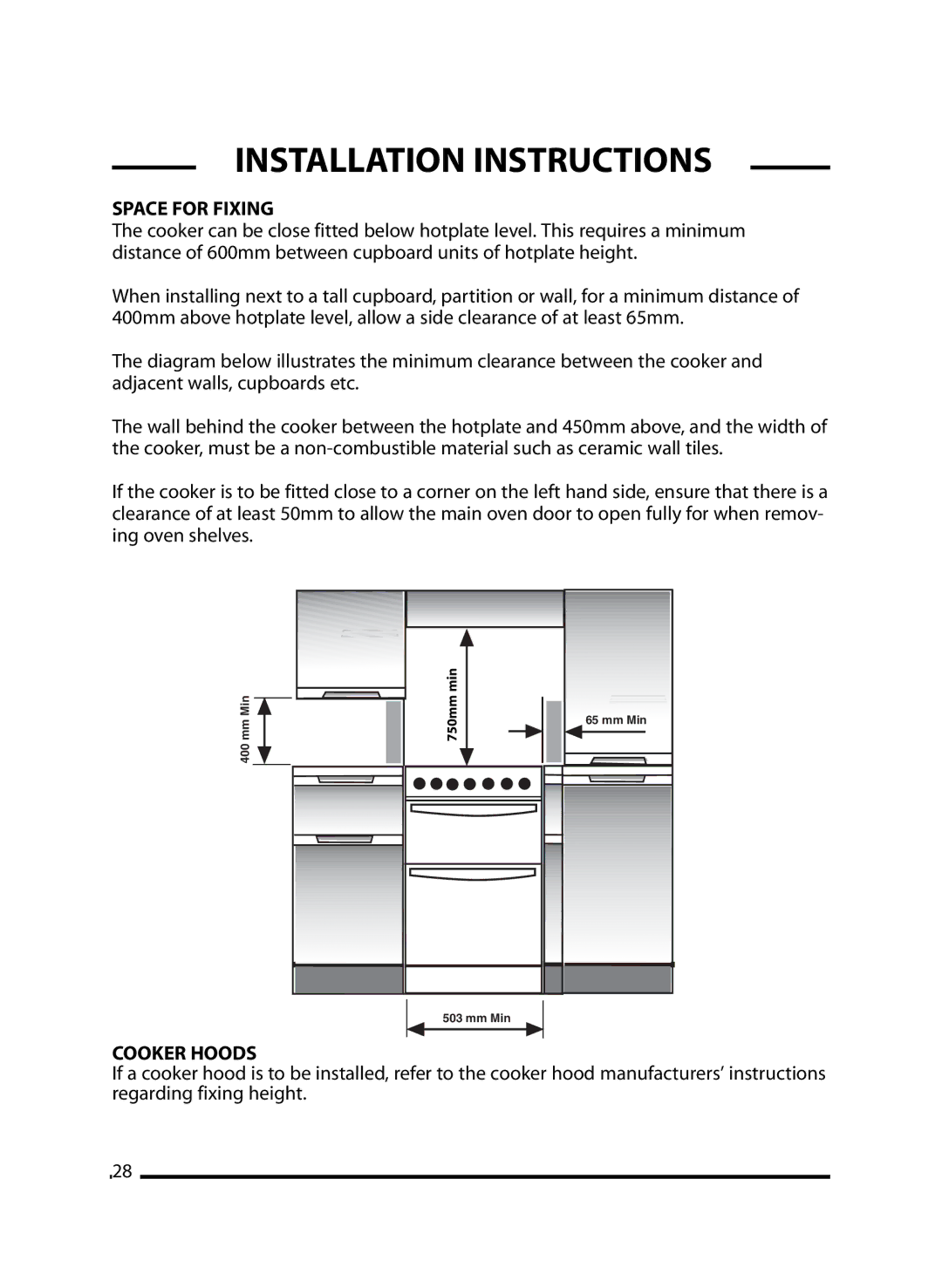 Cannon 10295G, 10297G Mk2, 10296G manual Space for Fixing, Cooker Hoods 