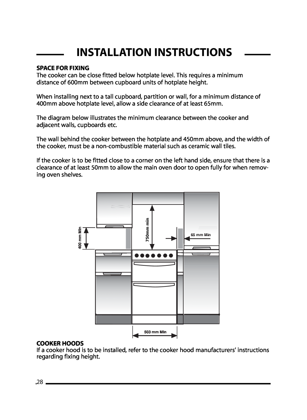 Cannon 10295G, 10297G Mk2, 10296G manual Space For Fixing, Cooker Hoods, Installation Instructions, 750mm 