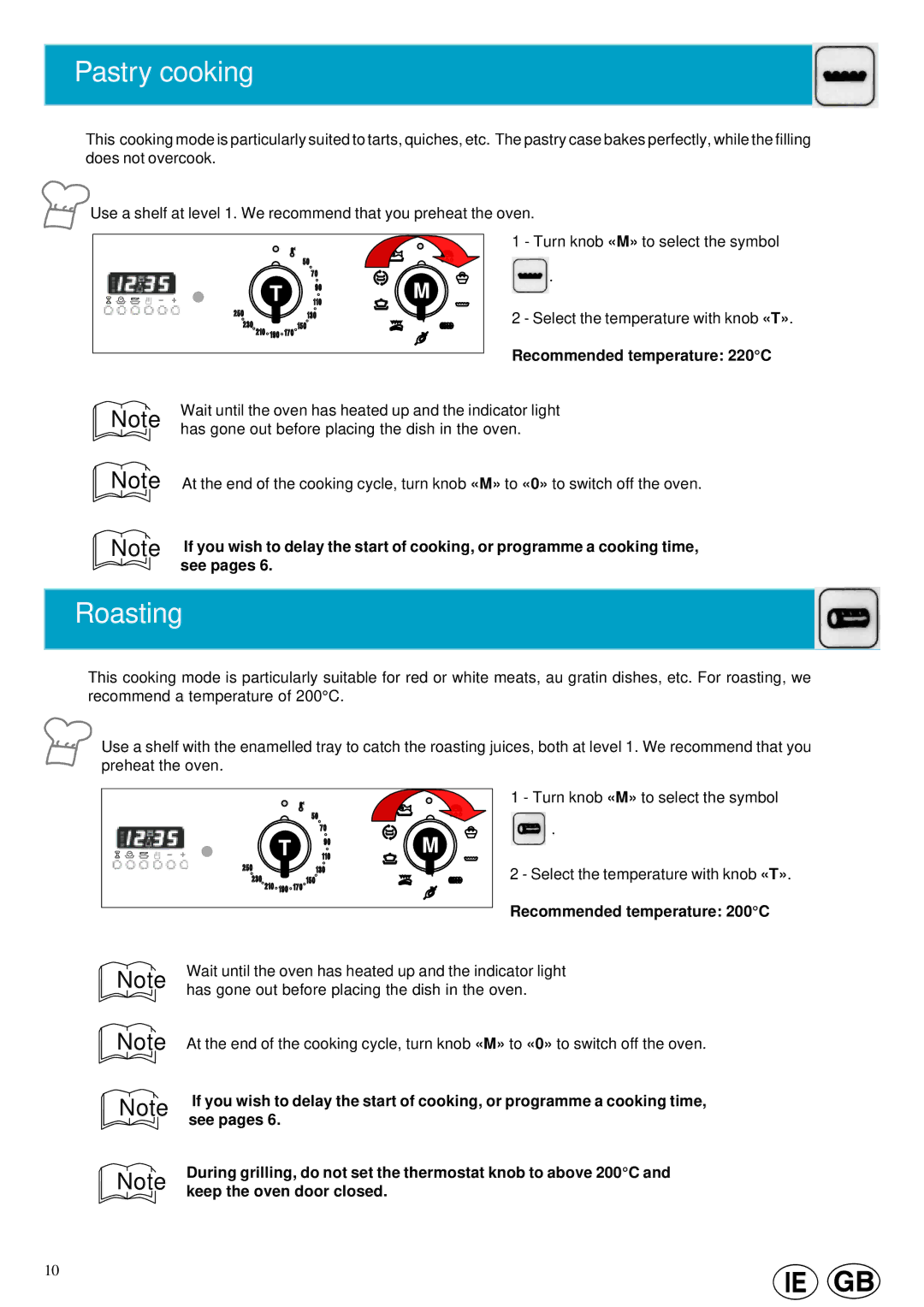 Cannon 10460G manual Pastry cooking, Roasting, Recommended temperature 220C, Recommended temperature 200C 