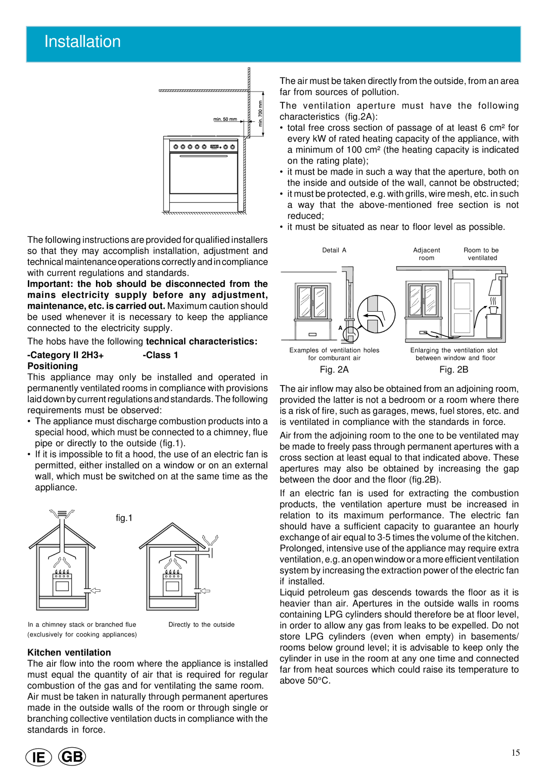 Cannon 10460G manual Installation, Category II 2H3+ Class Positioning, Kitchen ventilation 