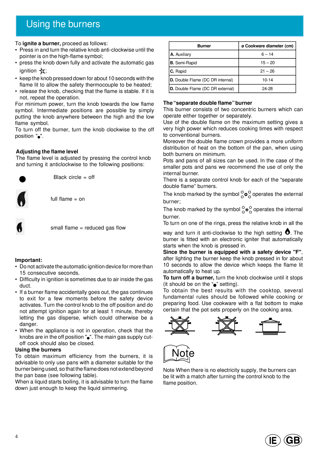 Cannon 10460G manual Using the burners, Adjusting the flame level, Separate double flame burner 