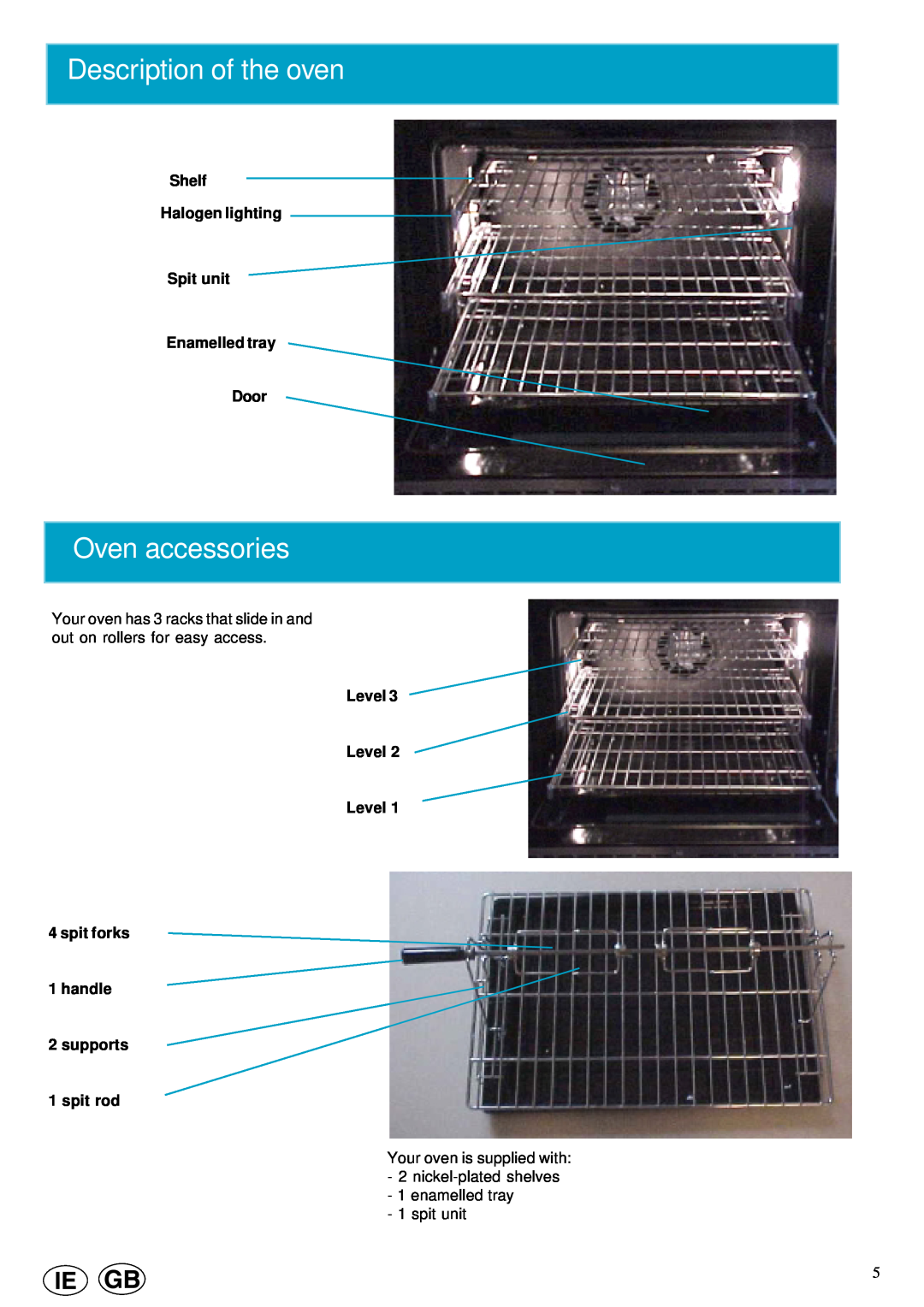 Cannon 10460G manual Description of the oven, Oven accessories, Shelf Halogen lighting Spit unit Enamelled tray Door 