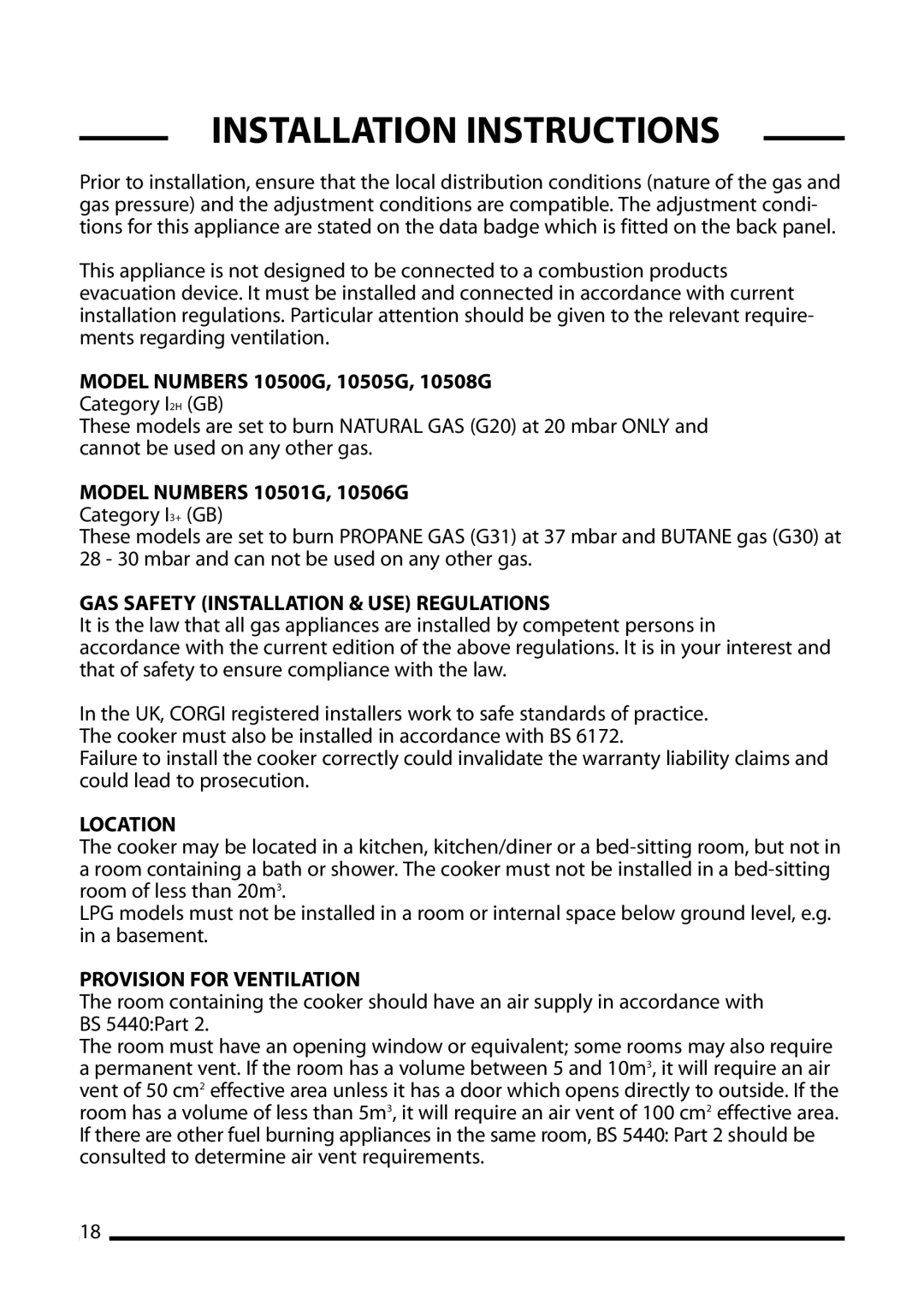 Cannon 10501G Installation Instructions, GAS Safety Installation & USE Regulations, Location, Provision for Ventilation 