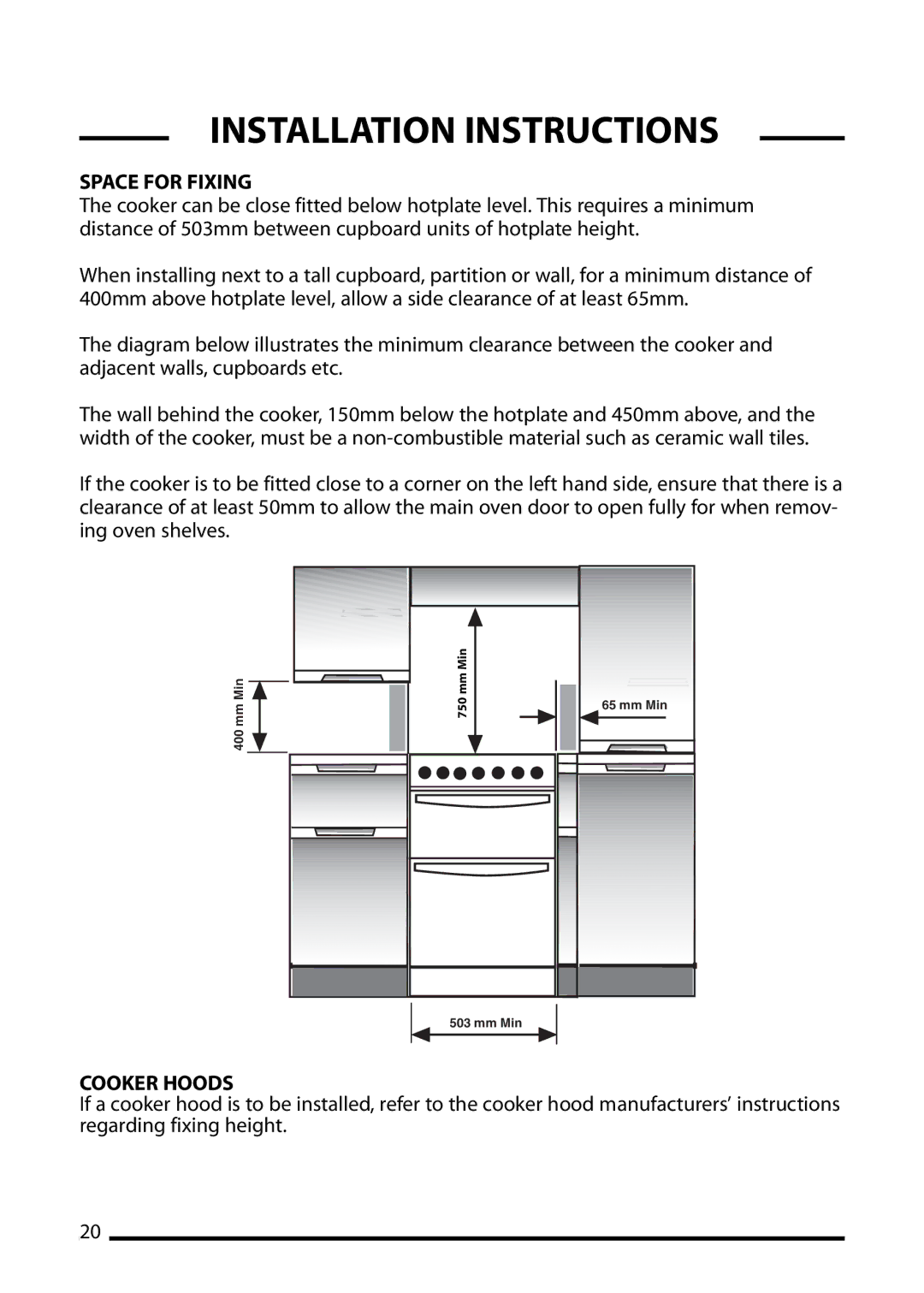 Cannon 10506G, 10508G, 10500G, 10501G, 10505g installation instructions Space for Fixing, Cooker Hoods 