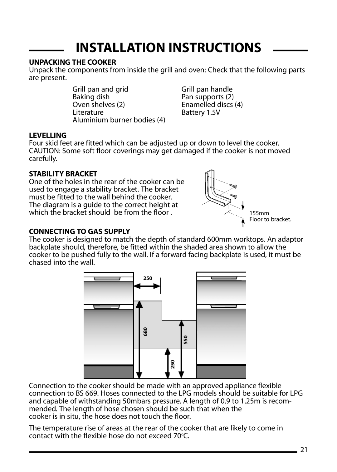 Cannon 10508G, 10506G, 10500G, 10501G, 10505g Unpacking the Cooker, Levelling, Stability Bracket, Connecting to GAS Supply 