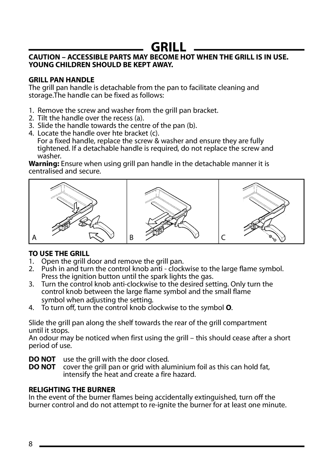 Cannon 10501G, 10506G, 10508G, 10500G, 10505g Grill PAN Handle, To USE the Grill, Relighting the Burner 