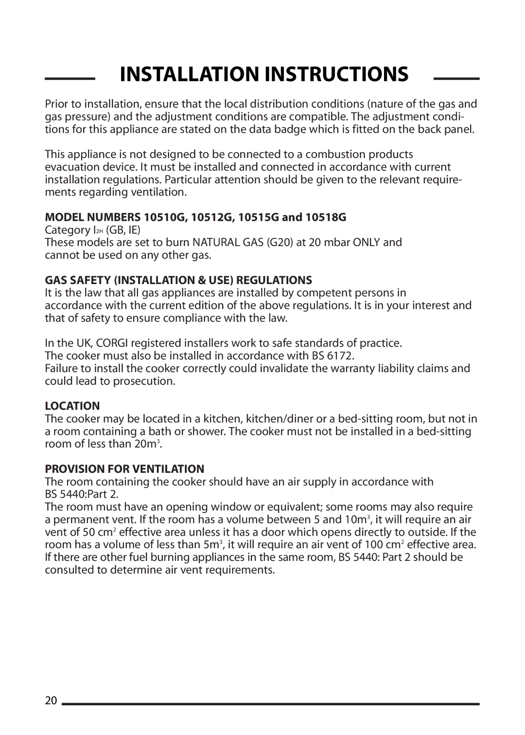 Cannon Installation Instructions, Model Numbers 10510G, 10512G, 10515G and 10518G, Location, Provision for Ventilation 