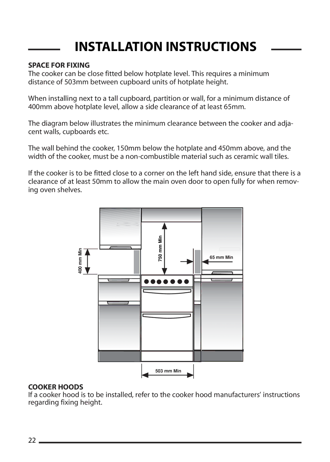 Cannon 10510G, 10512G, 10515G, 10518G installation instructions Space for Fixing, Cooker Hoods 