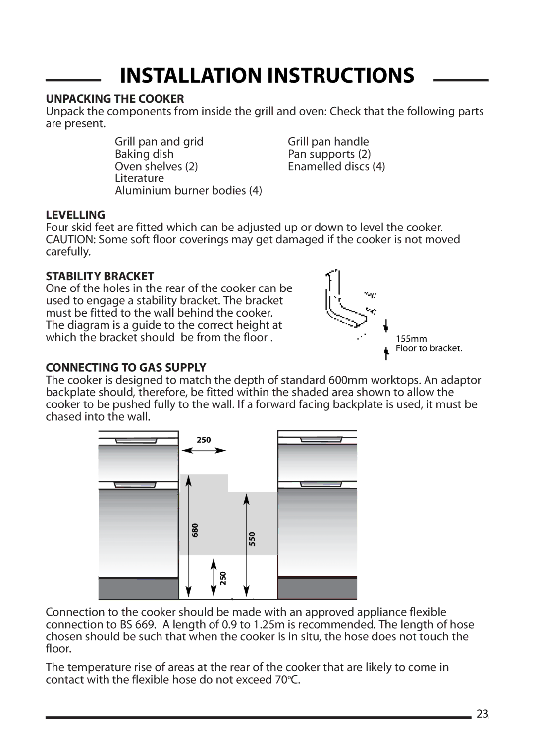 Cannon 10518G, 10512G, 10515G, 10510G Unpacking the Cooker, Levelling, Stability Bracket, Connecting to GAS Supply 