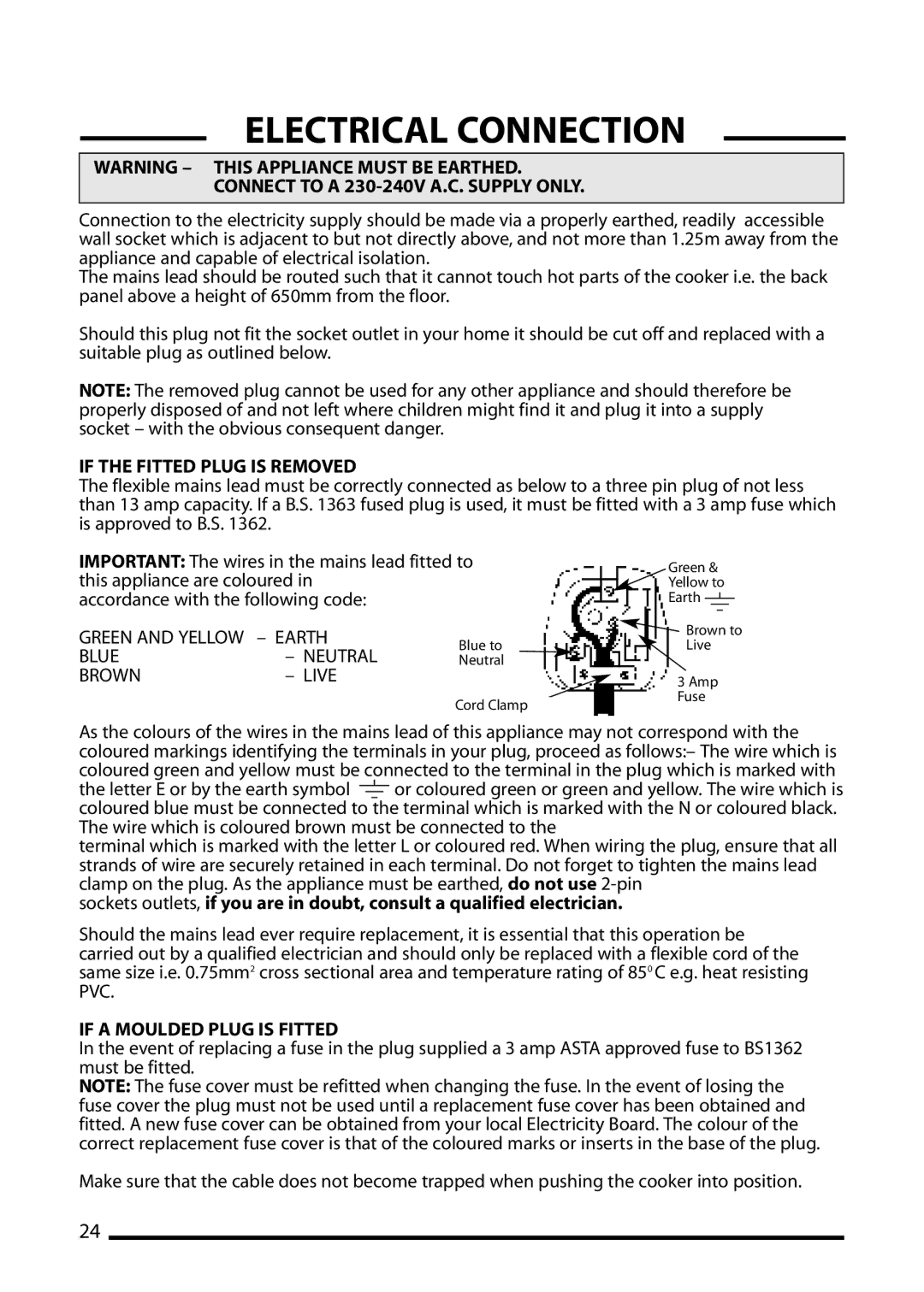 Cannon 10512G, 10515G, 10510G, 10518G installation instructions Electrical Connection, Connect to a 230-240V A.C. Supply only 