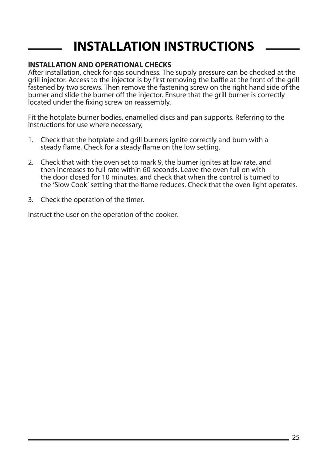 Cannon 10515G, 10512G, 10510G, 10518G installation instructions Installation and Operational Checks 