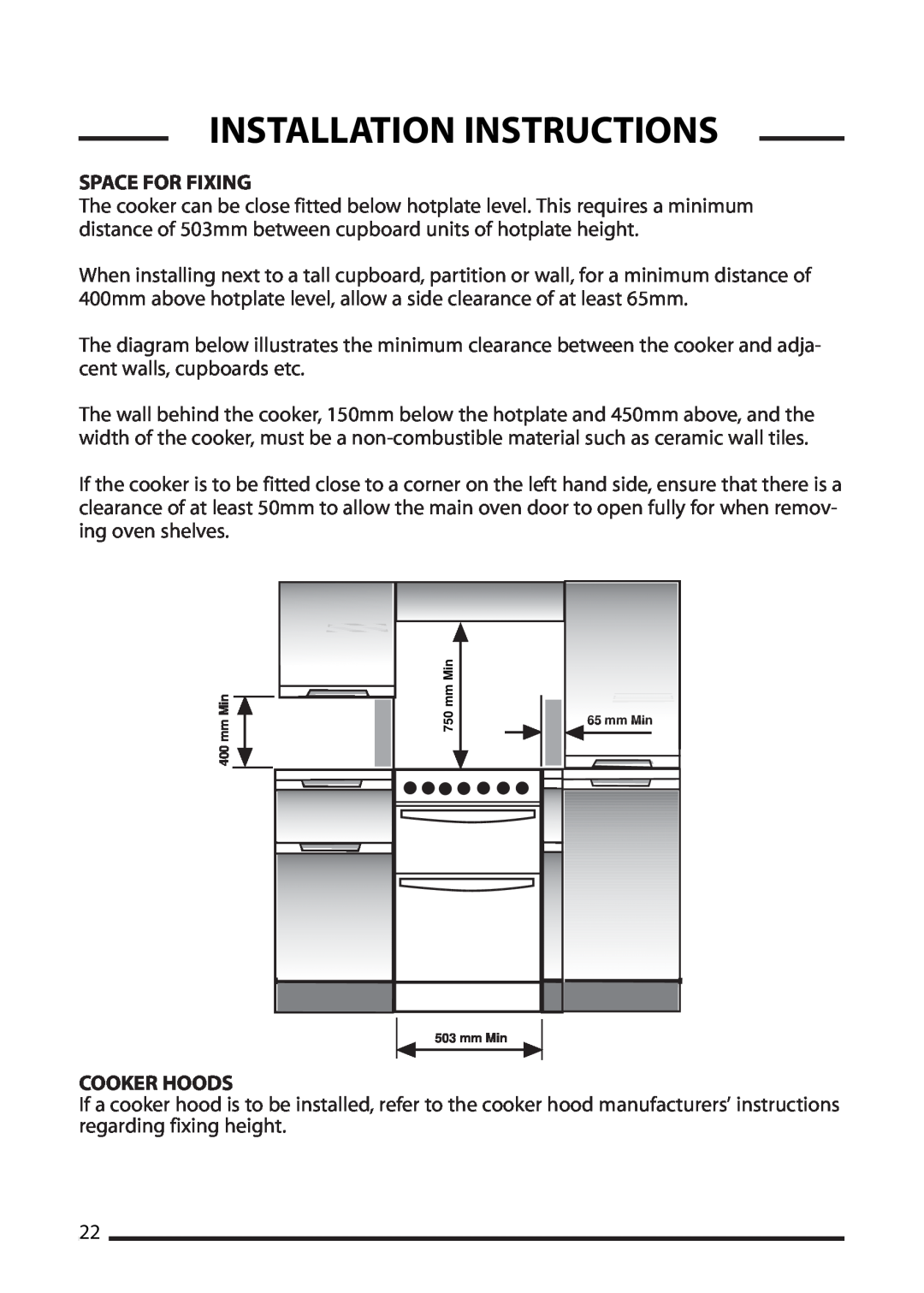 Cannon 10510G, 10512G, 10515G, 10518G installation instructions Space For Fixing, Cooker Hoods, Installation Instructions 