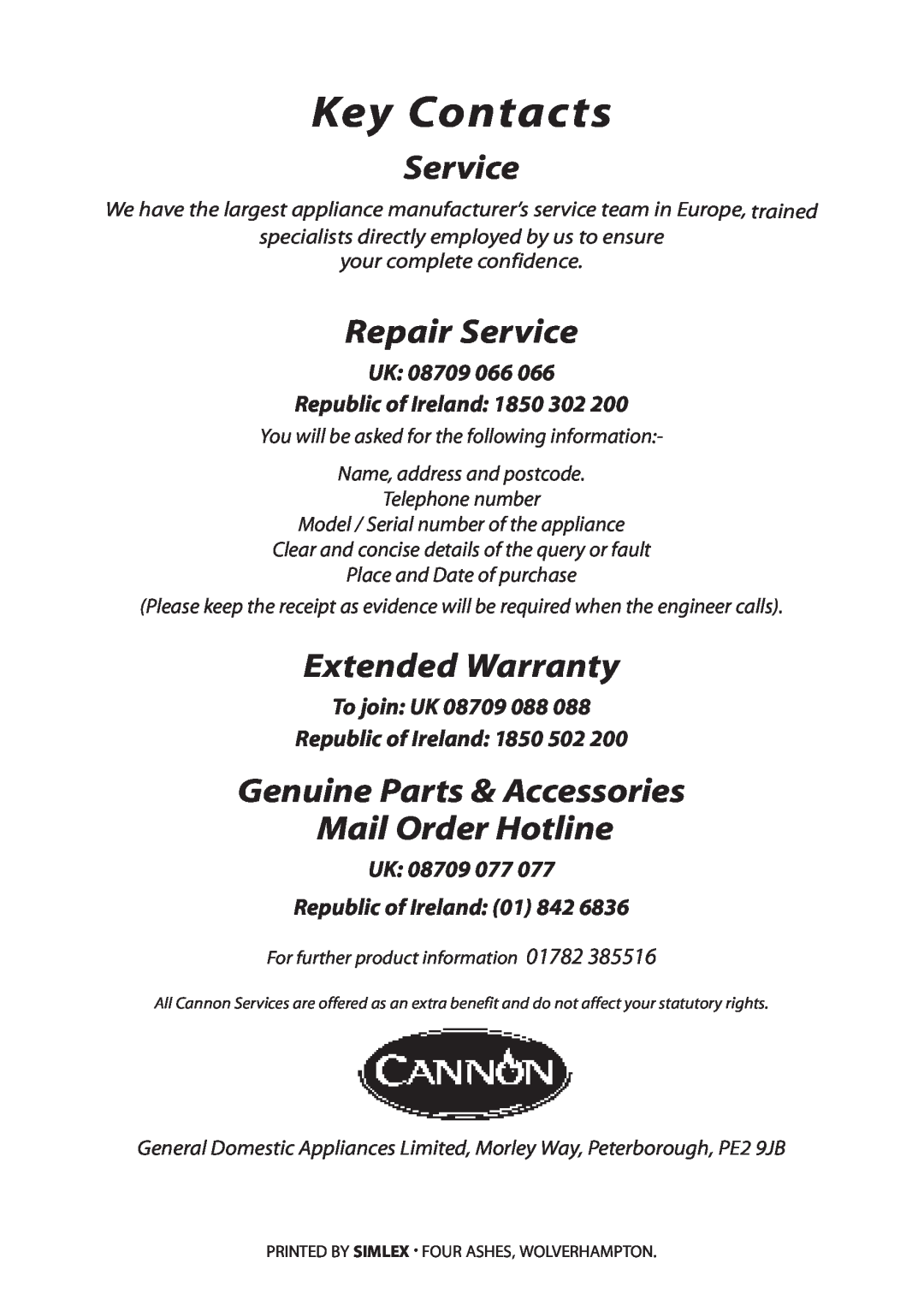 Cannon 10512G, 10515G Key Contacts, Repair Service, Extended Warranty, Genuine Parts & Accessories Mail Order Hotline 