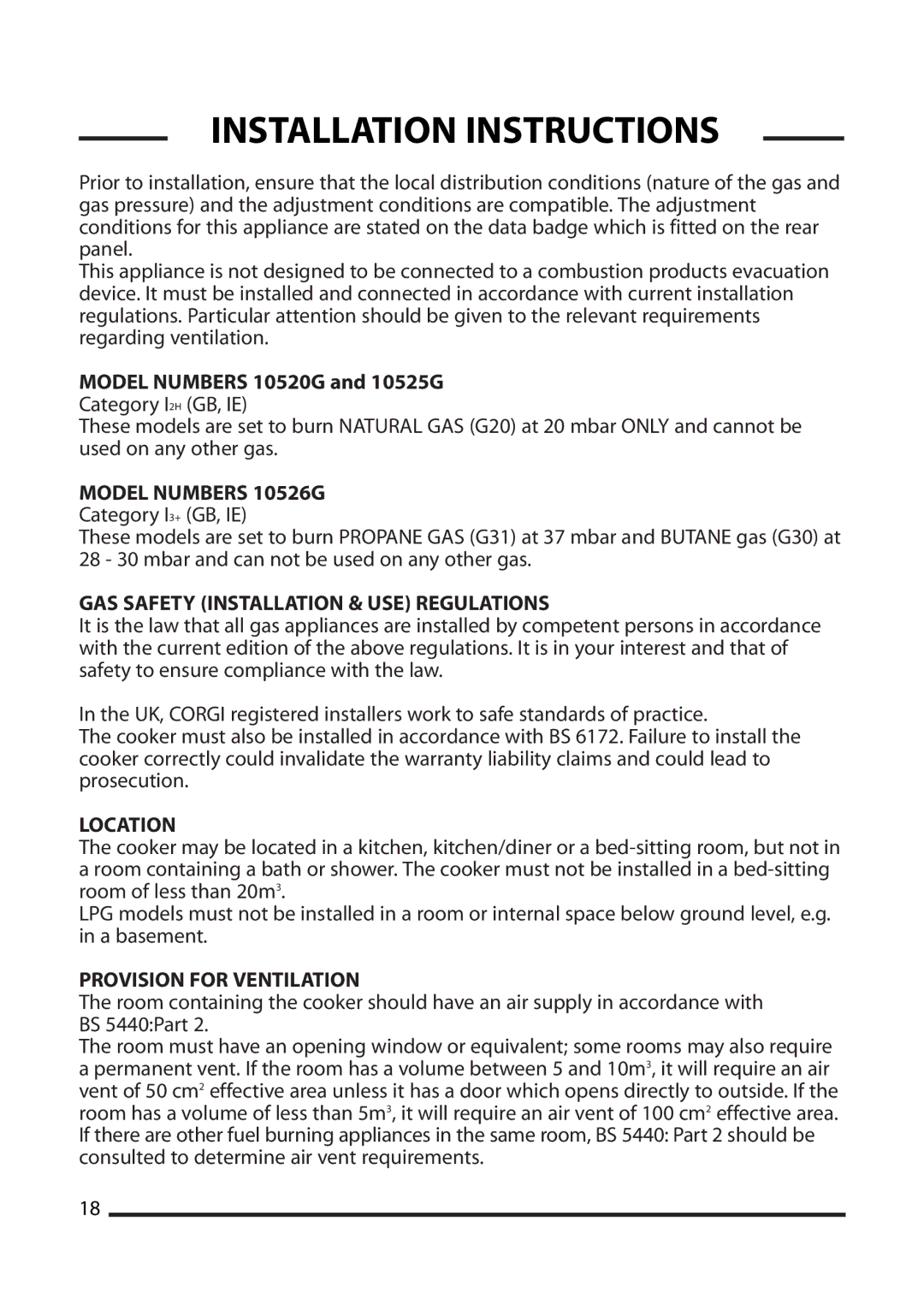 Cannon 10525G Installation Instructions, Model Numbers 10526G, GAS Safety Installation & USE Regulations, Location 