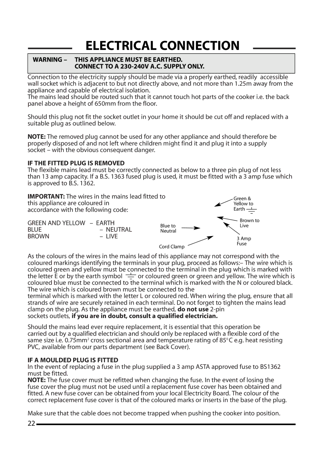 Cannon 10525G, 10526G, 10520G installation instructions Electrical Connection, Connect to a 230-240V A.C. Supply only 