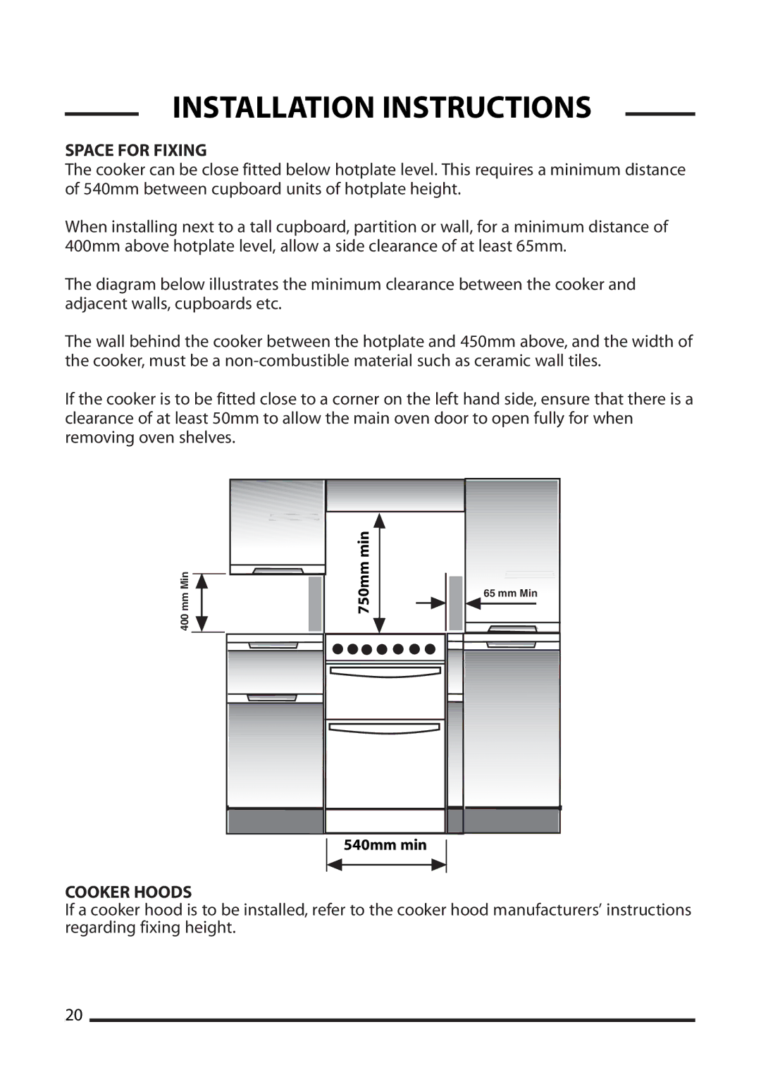 Cannon 10538G, 10536G, 10535G, 10531G, 10532G installation instructions Space for Fixing, Cooker Hoods 