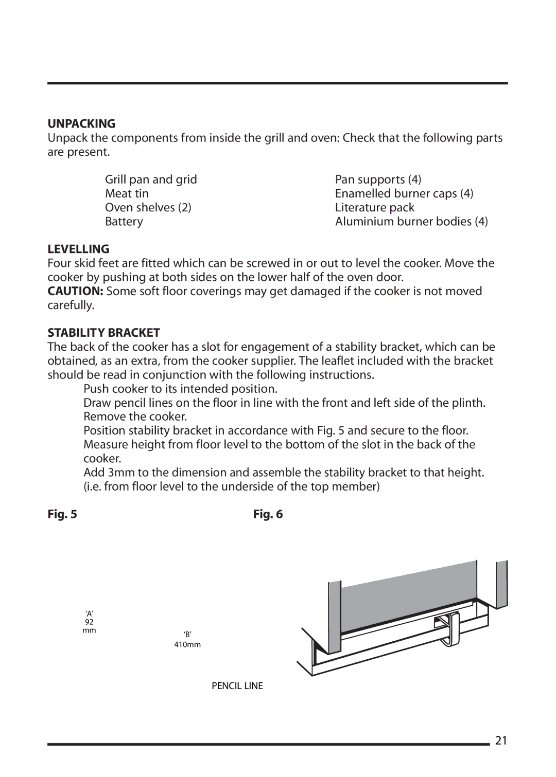 Cannon 10536G, 10538G, 10535G, 10531G, 10532G installation instructions Unpacking, Levelling, Stability Bracket 