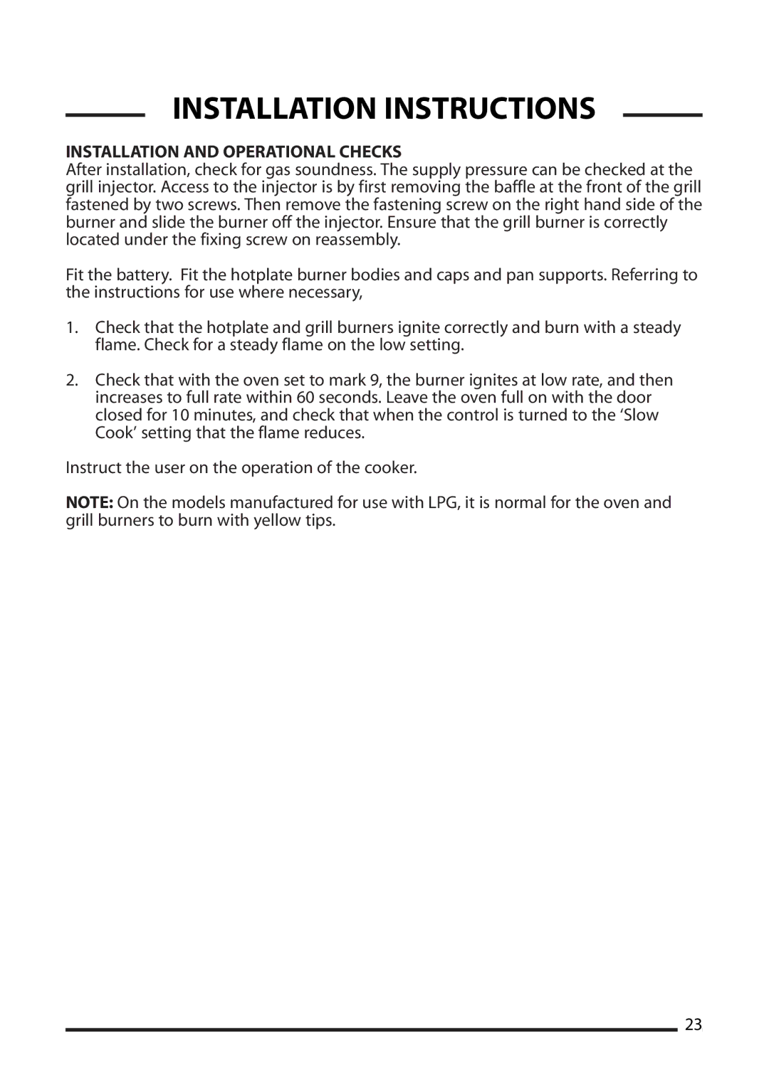 Cannon 10531G, 10538G, 10536G, 10535G, 10532G Installation Instructions, Installation and Operational Checks 