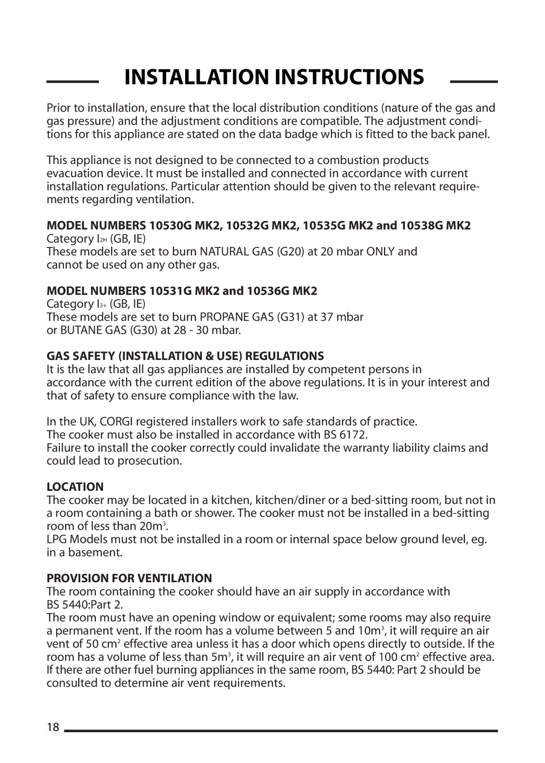 Cannon 10530G MK2 Installation Instructions, Model Numbers 10531G MK2 and 10536G MK2, Location, Provision for Ventilation 