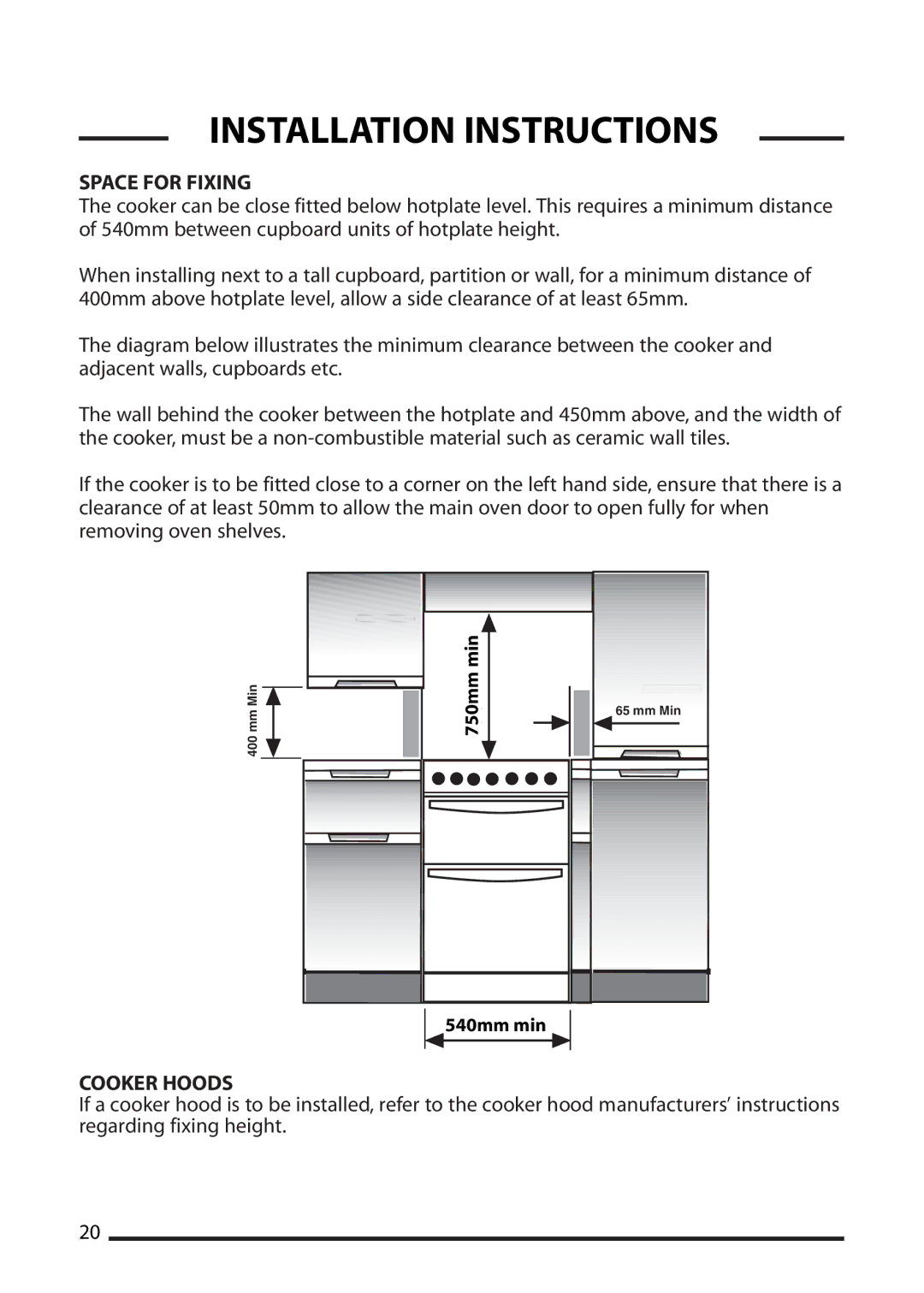 Cannon 10538G MK2, 10535G MK2, 10530G MK2, 10532G MK2 installation instructions Space for Fixing, Cooker Hoods 