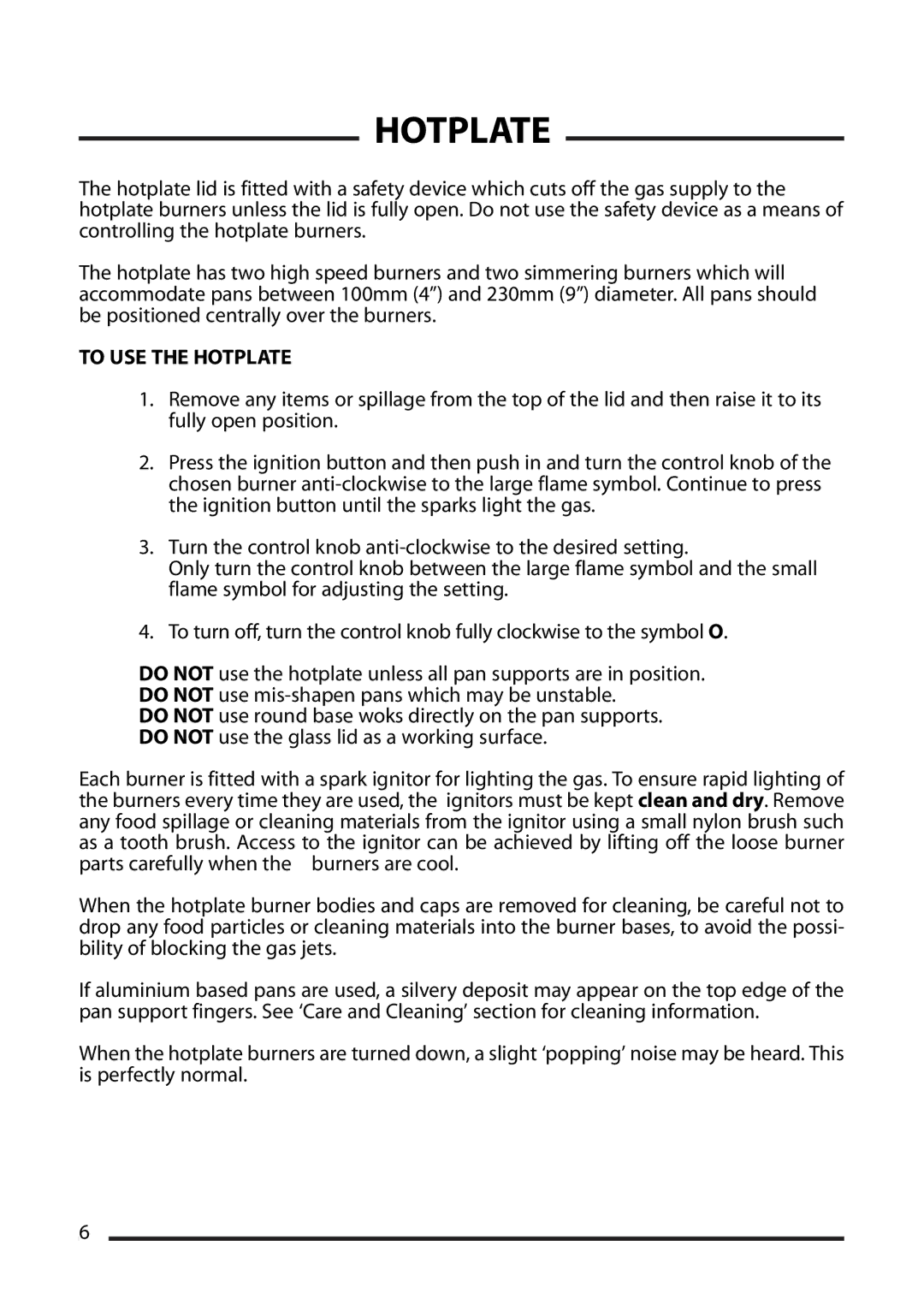 Cannon 10530G MK2, 10538G MK2, 10535G MK2, 10532G MK2 installation instructions To USE the Hotplate 