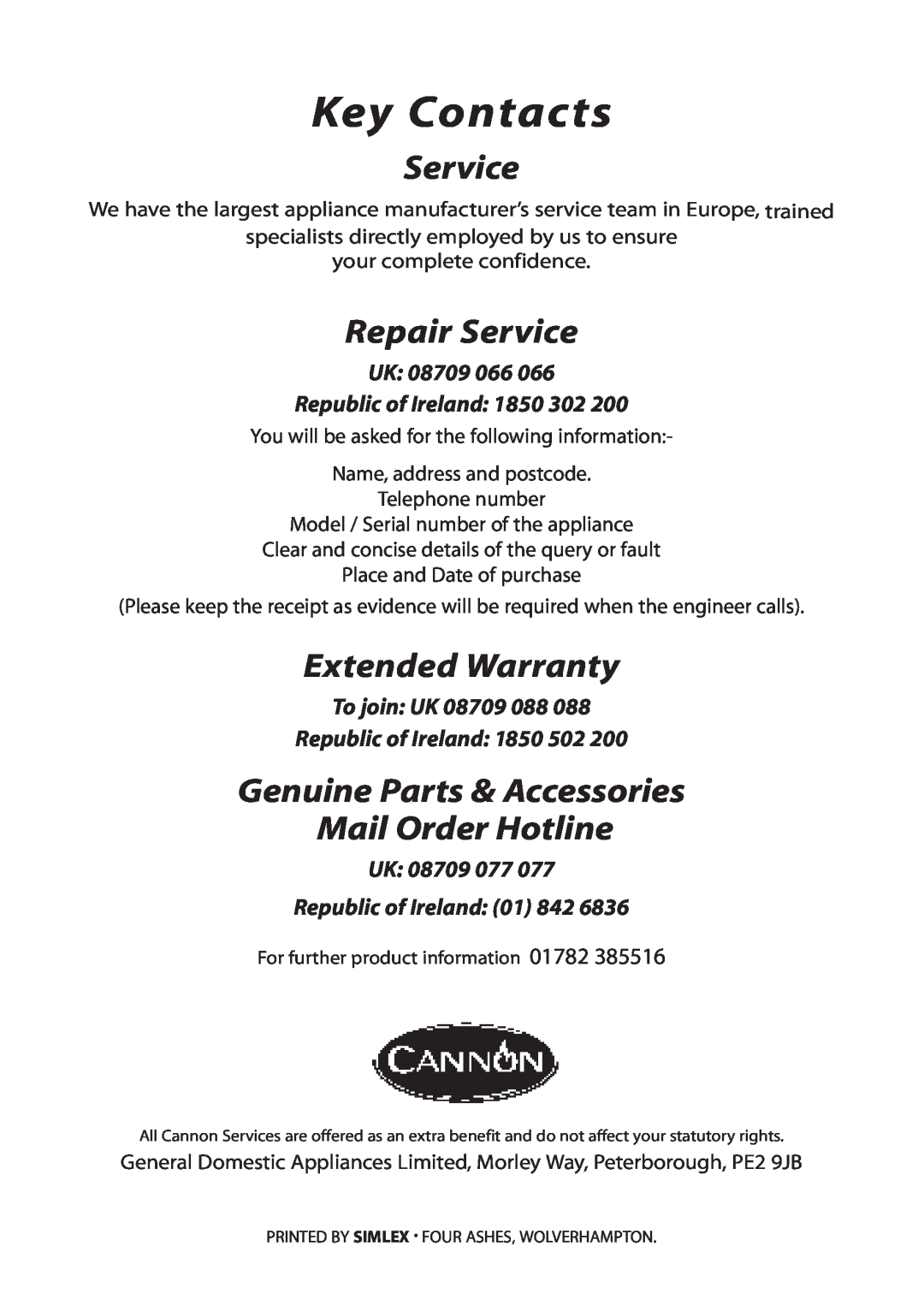 Cannon 10538G MK2 Key Contacts, Repair Service, Extended Warranty, Genuine Parts & Accessories Mail Order Hotline 