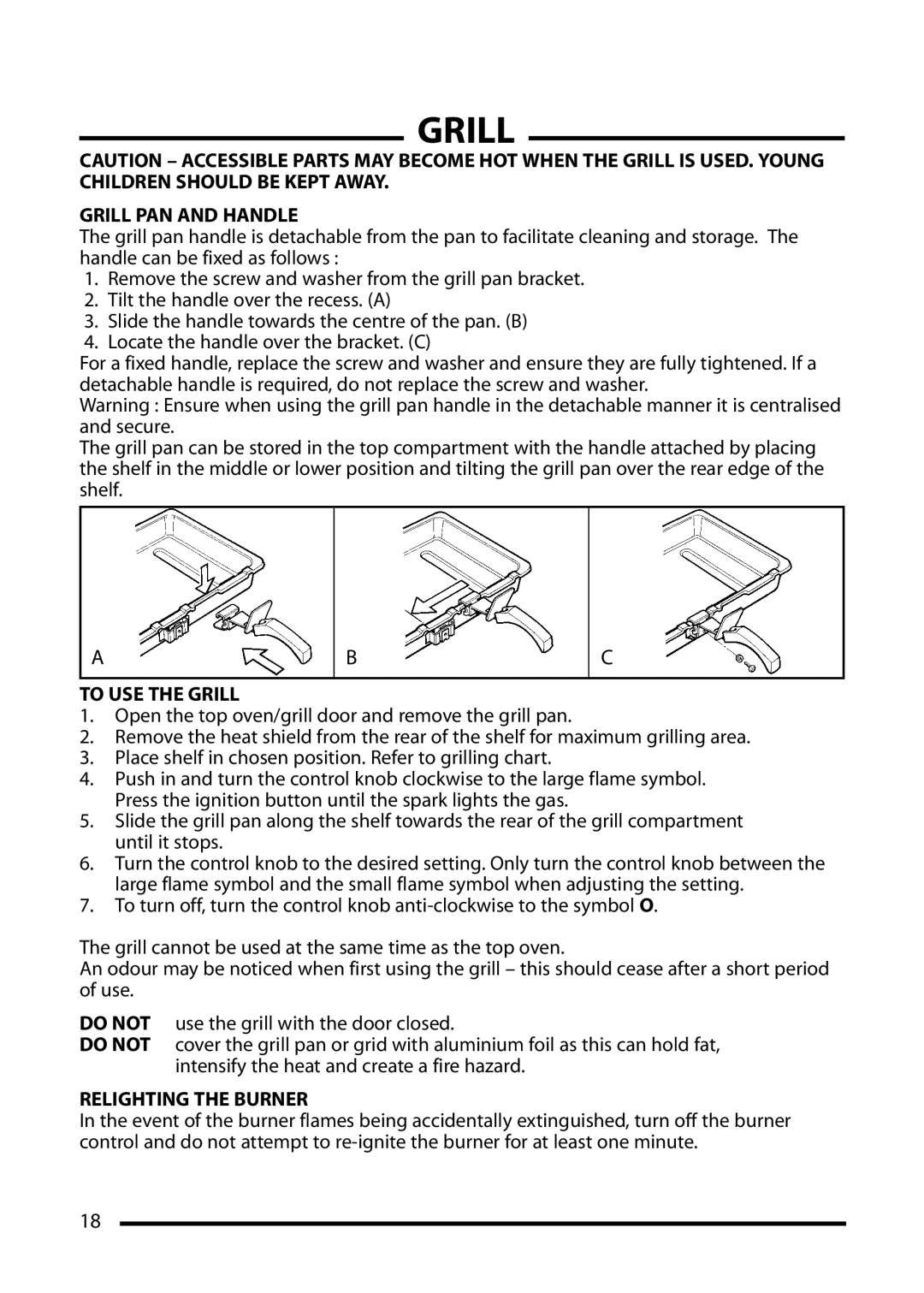 Cannon 10545G, 10540G, 10548G installation instructions Grill PAN and Handle, To USE the Grill, Relighting the Burner 