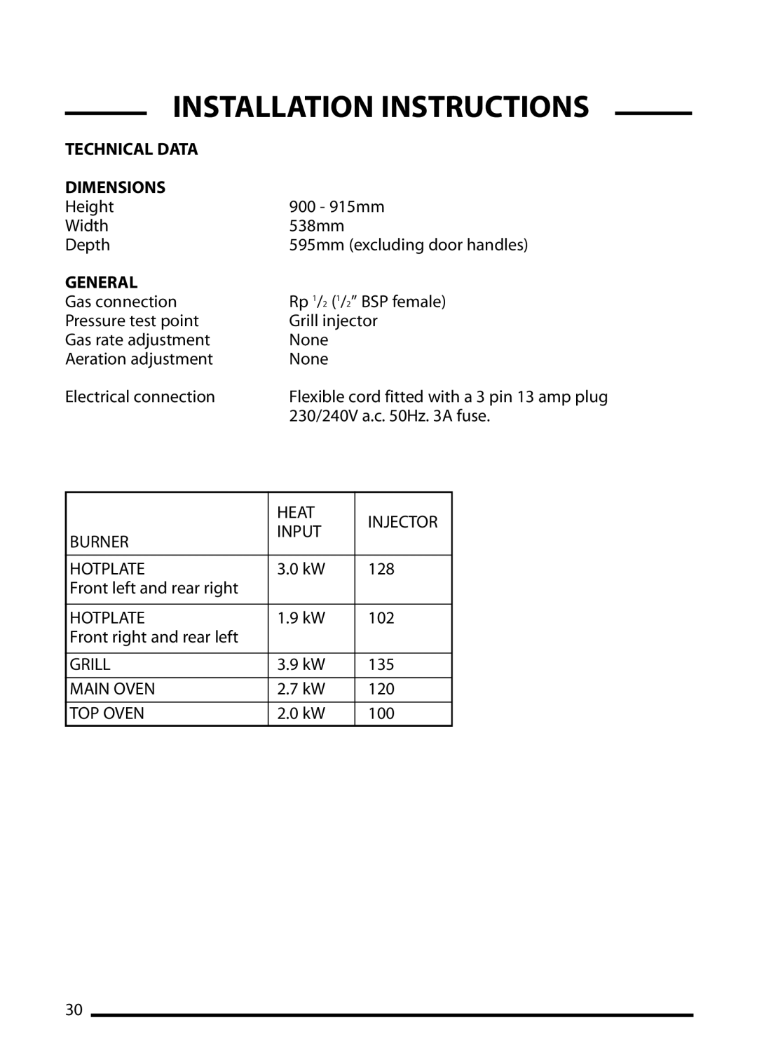 Cannon 10545G, 10540G, 10548G installation instructions Technical Data Dimensions, General 