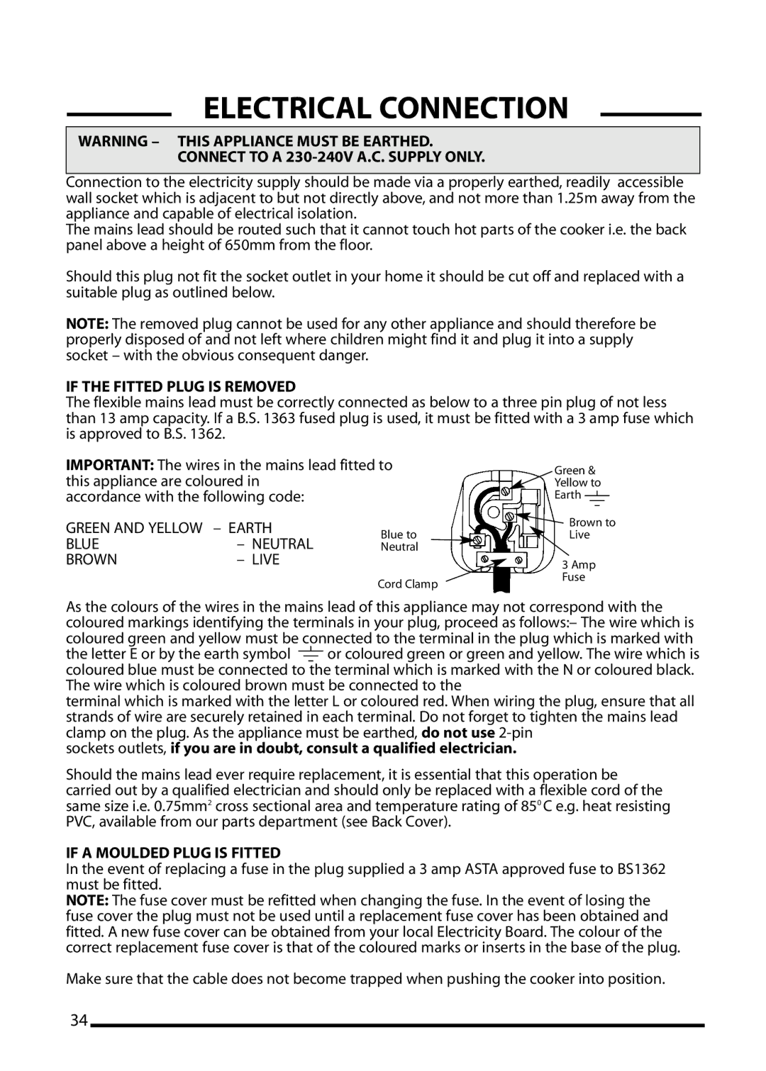 Cannon 10540G, 10545G, 10548G installation instructions Electrical Connection, Connect to a 230-240V A.C. Supply only 