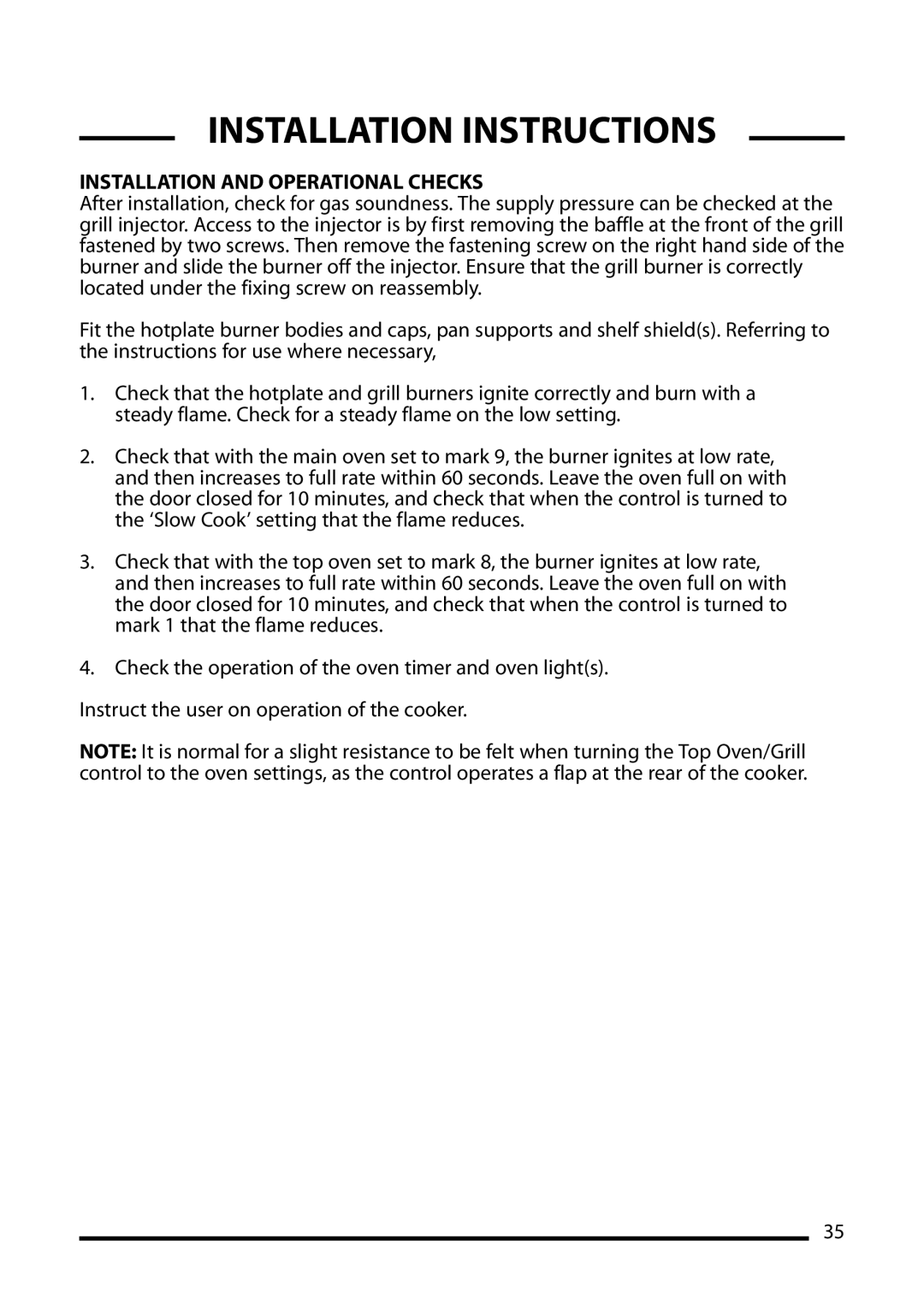 Cannon 10548G, 10545G, 10540G installation instructions Installation and Operational Checks 