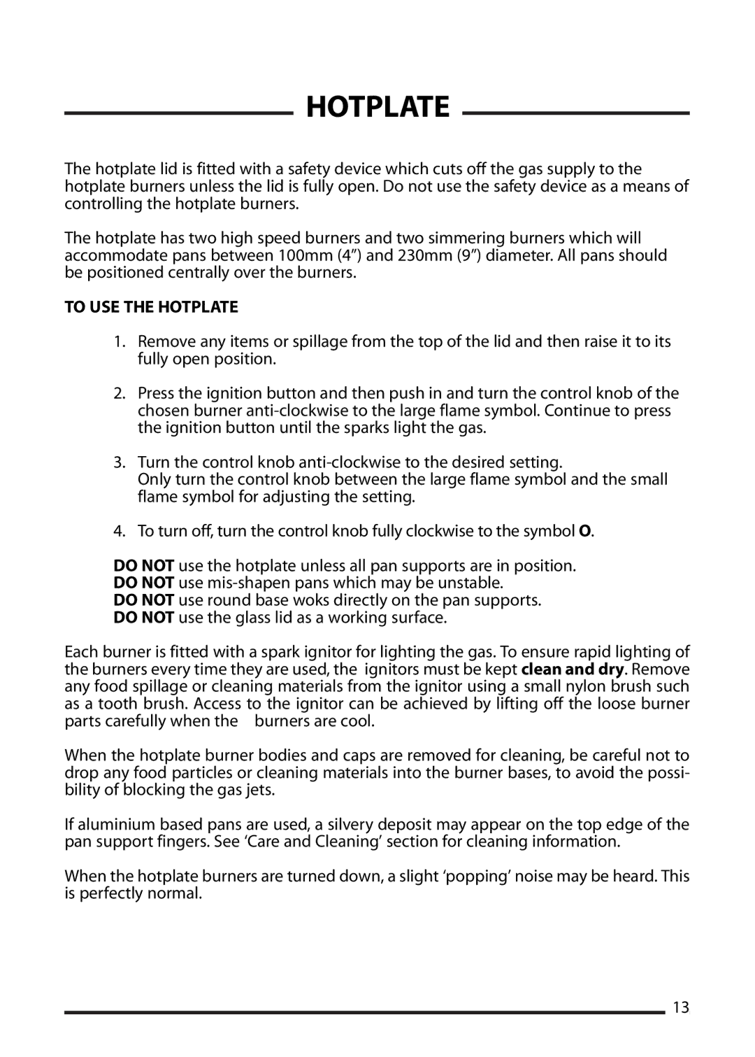 Cannon 10548G MK2, 10545G MK2, 10540G MK2 installation instructions To USE the Hotplate 