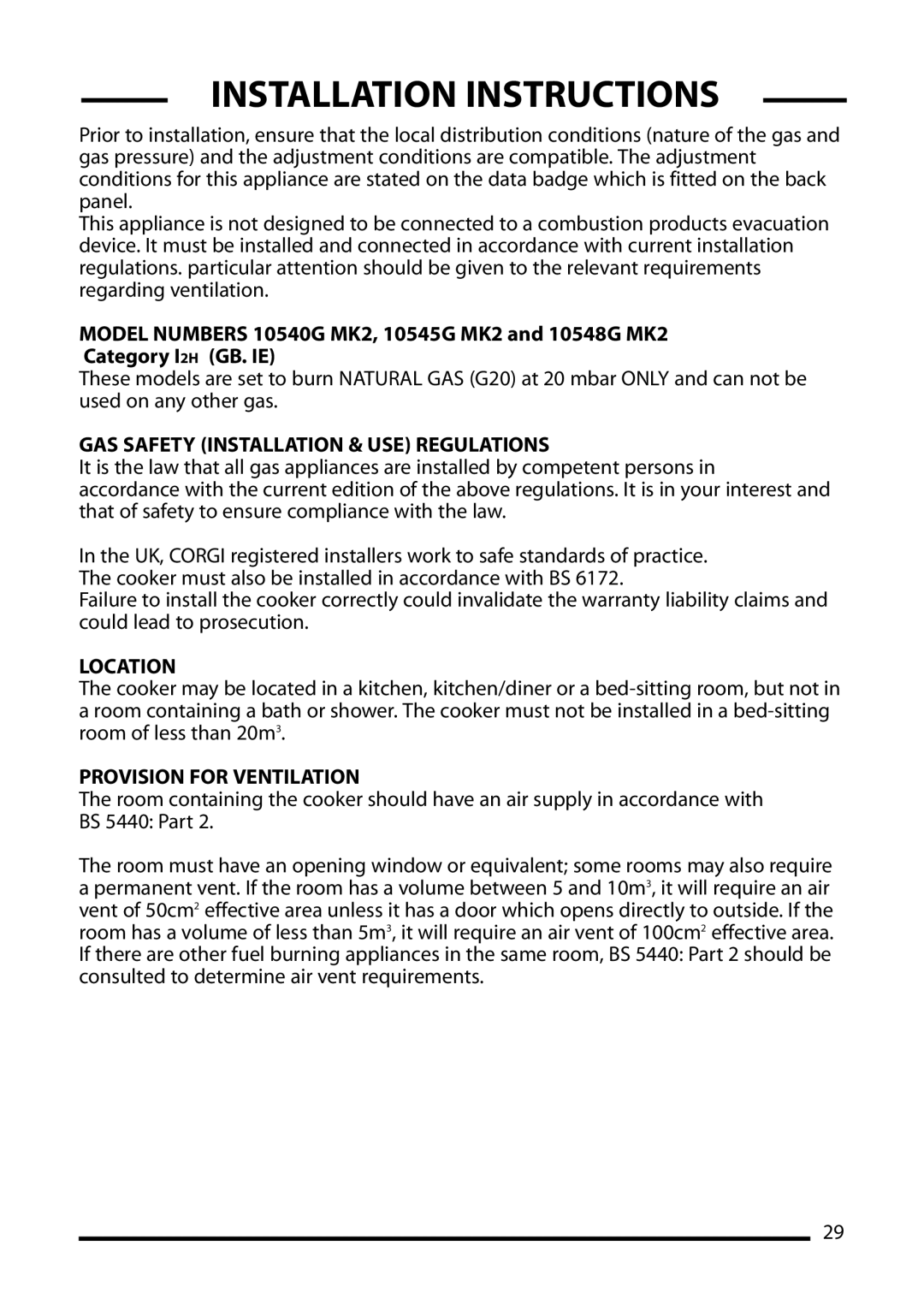 Cannon 10540G MK2, 10545G MK2, 10548G MK2 Installation Instructions, GAS Safety Installation & USE Regulations, Location 