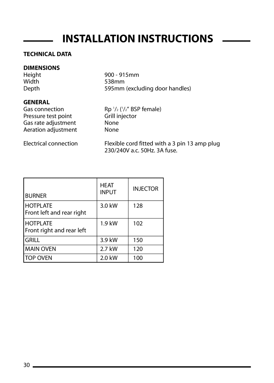 Cannon 10545G MK2, 10548G MK2, 10540G MK2 installation instructions Technical Data Dimensions, General 