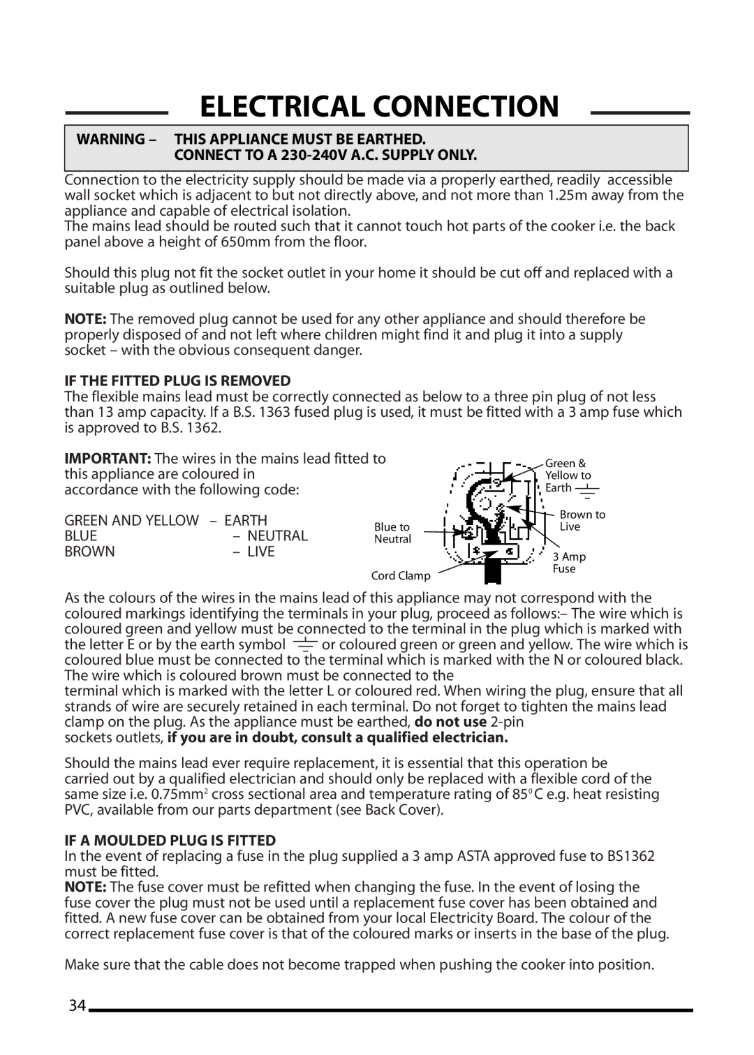 Cannon 10548G MK2, 10545G MK2, 10540G MK2 Electrical Connection, Connect to a 230-240V A.C. Supply only 