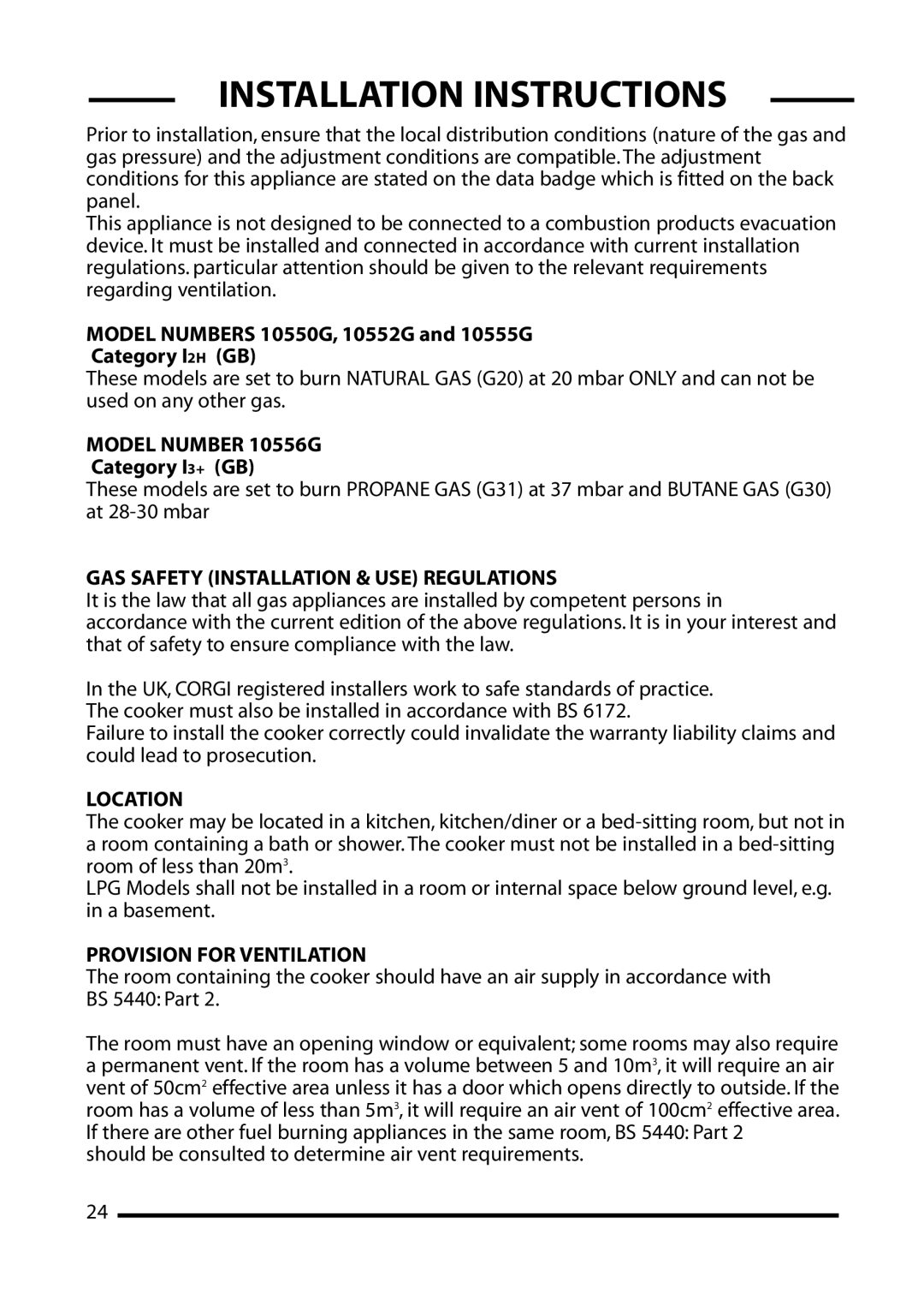 Cannon 10555G, 10550G Installation Instructions, Model Number 10556G, GAS Safety Installation & USE Regulations, Location 